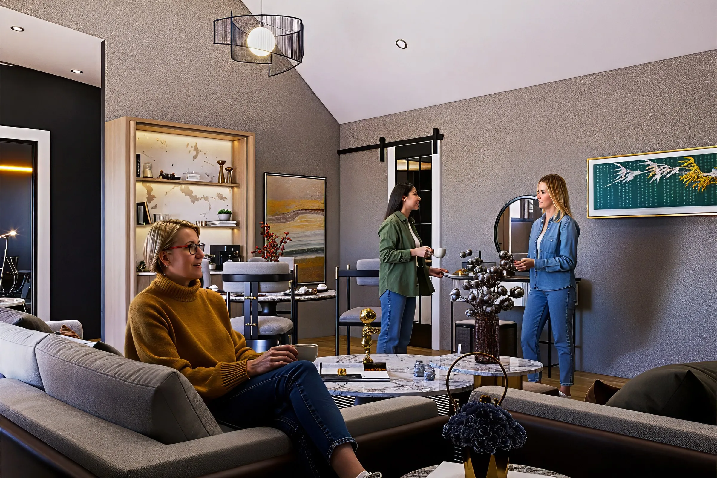 Contemporary Living Vaulted Ceiling Pets — residential 3D rendering by Praxis Studio