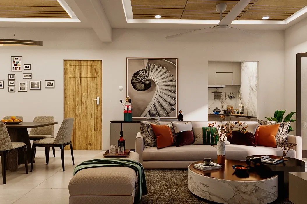 Contemporary Living Wood Ceiling Gallery Wall — residential 3D rendering by Praxis Studio