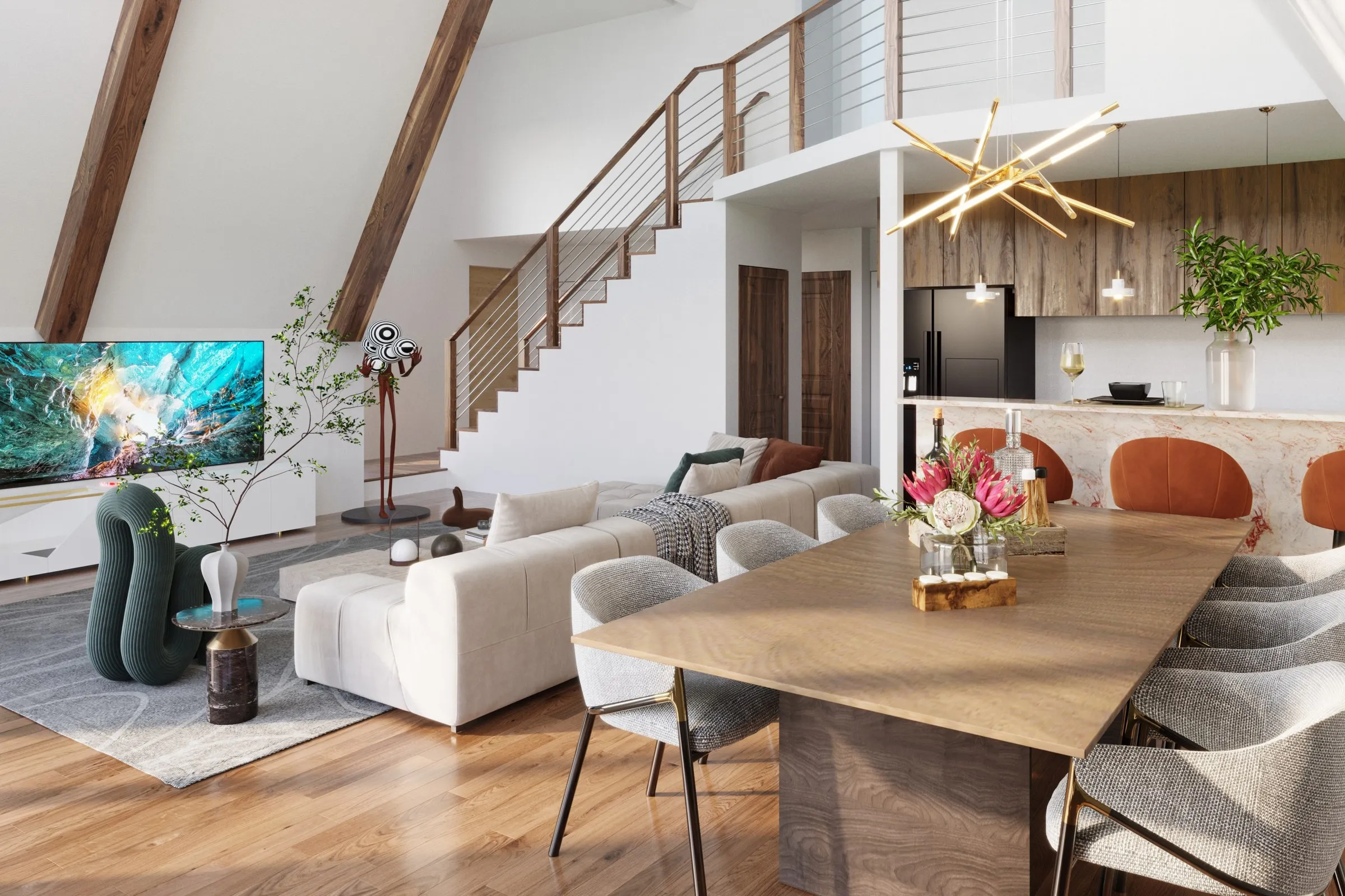 Contemporary Loft Open Plan Staircase — residential 3D rendering by Praxis Studio