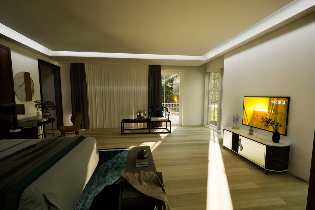 Contemporary Master Bedroom Garden View — residential 3D rendering by Praxis Studio
