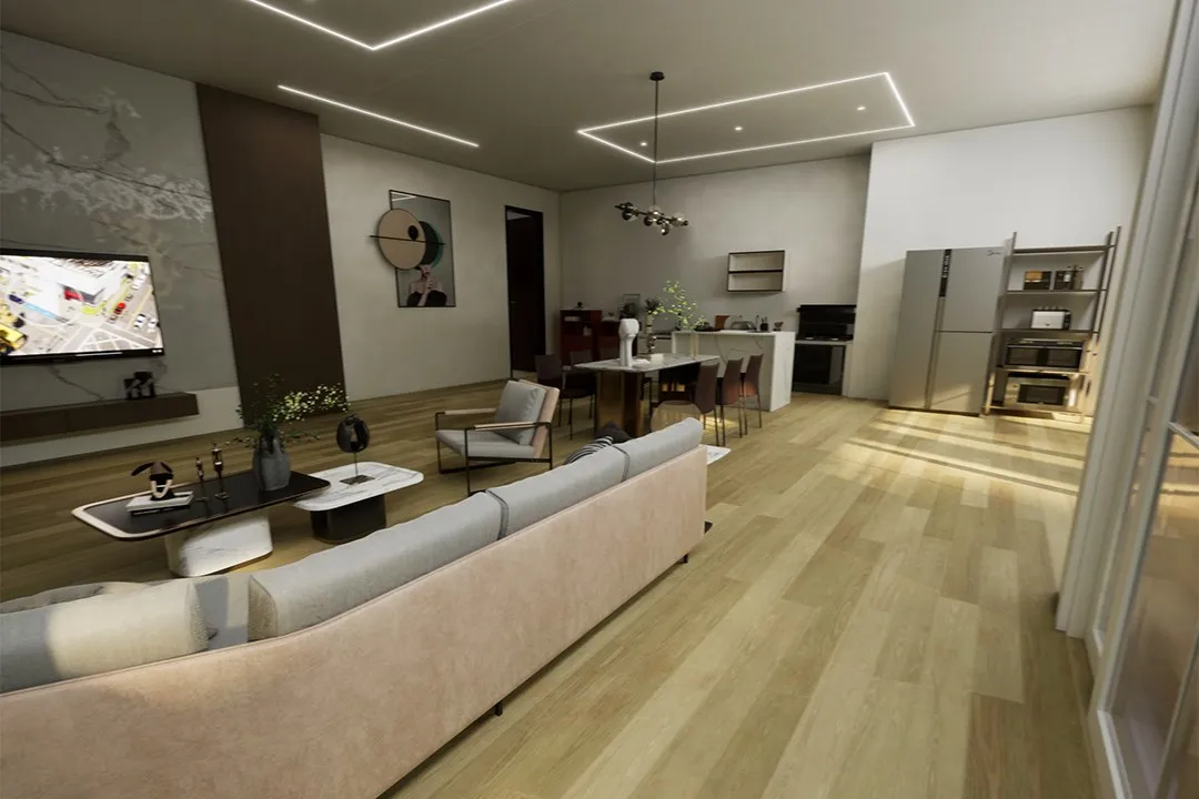 Contemporary Open Plan Diamond Ceiling Light — residential 3D rendering by Praxis Studio