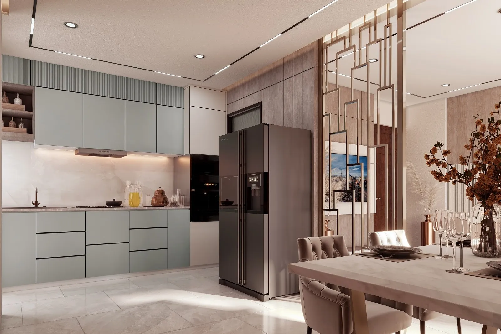 Contemporary Sage Kitchen Gold Partition — residential 3D rendering by Praxis Studio