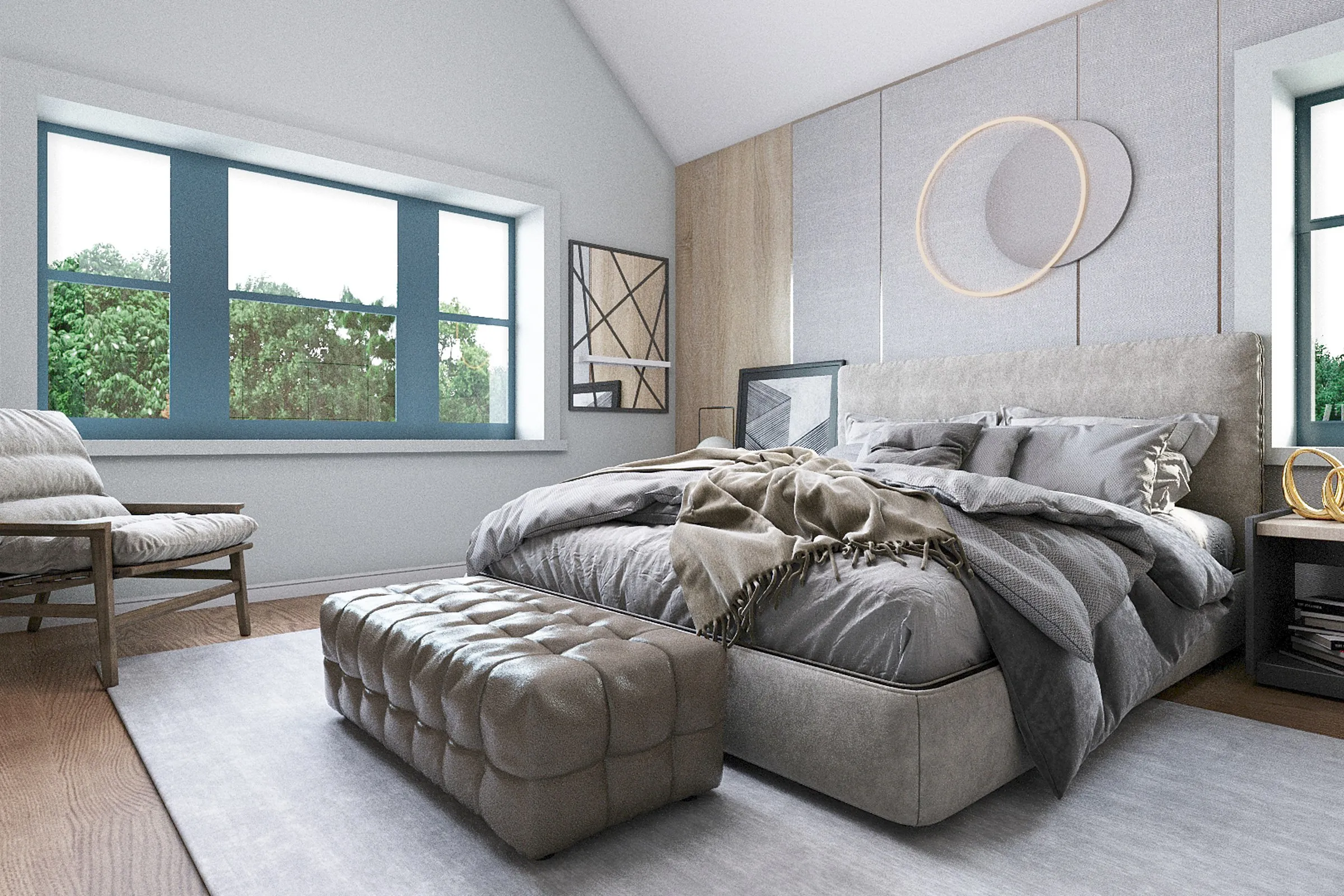 Contemporary Vaulted Master Bedroom — residential 3D rendering by Praxis Studio