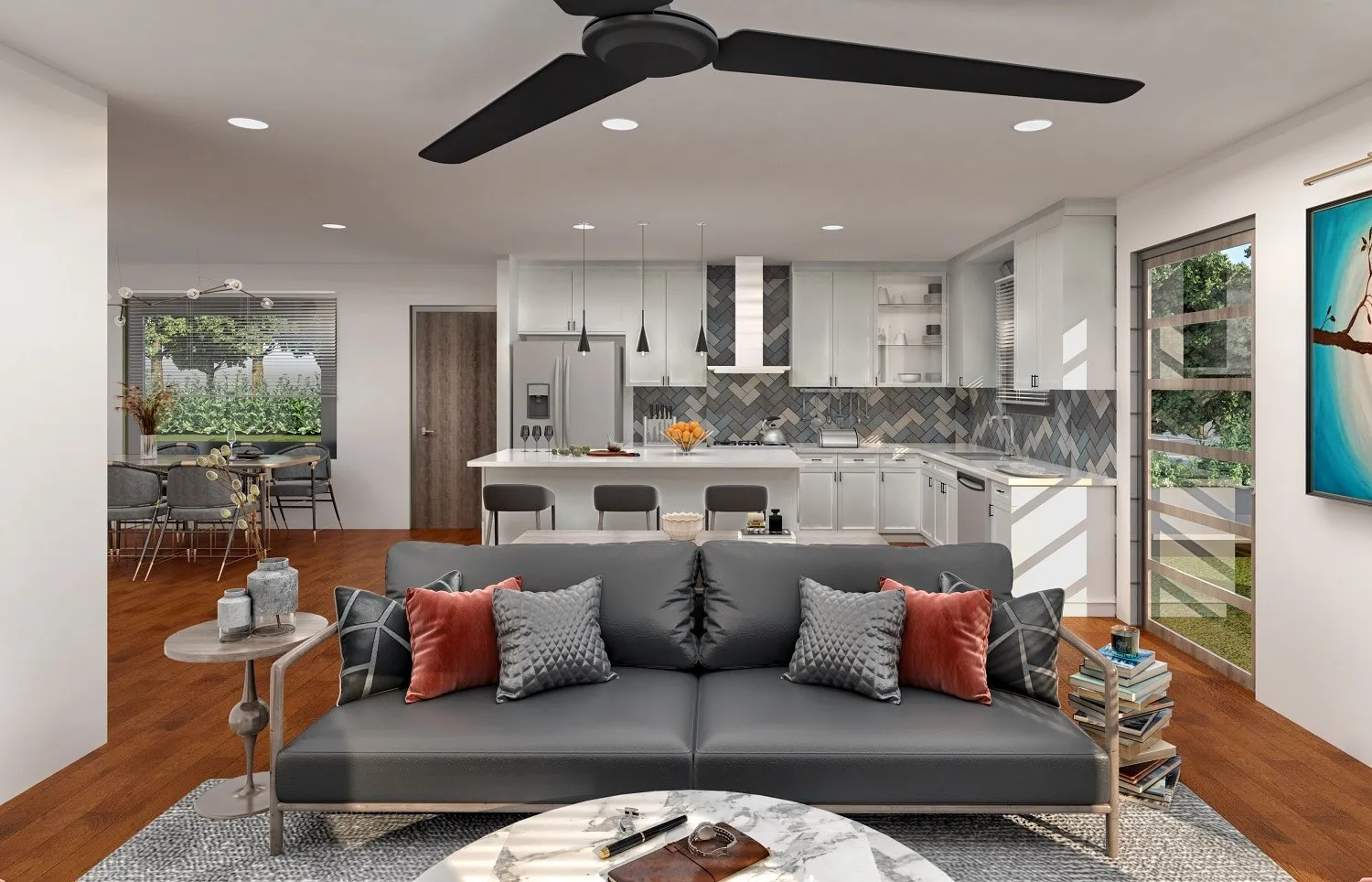 Darsh Living Kitchen Open Plan — residential 3D rendering by Praxis Studio