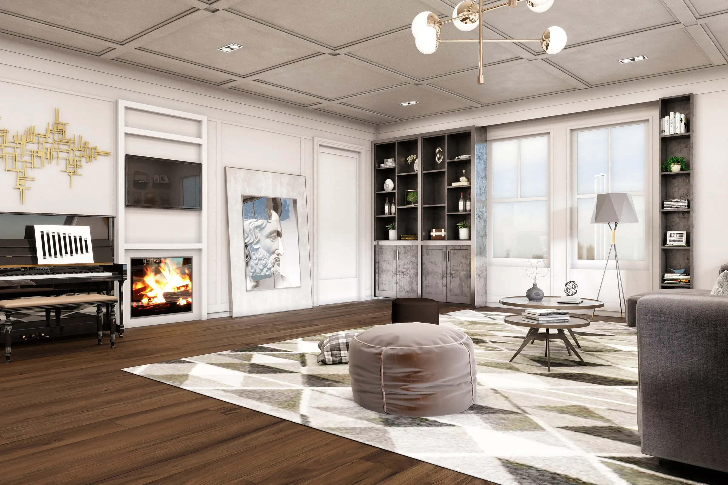 Eric Traditional Living Room Fireplace — residential 3D rendering by Praxis Studio
