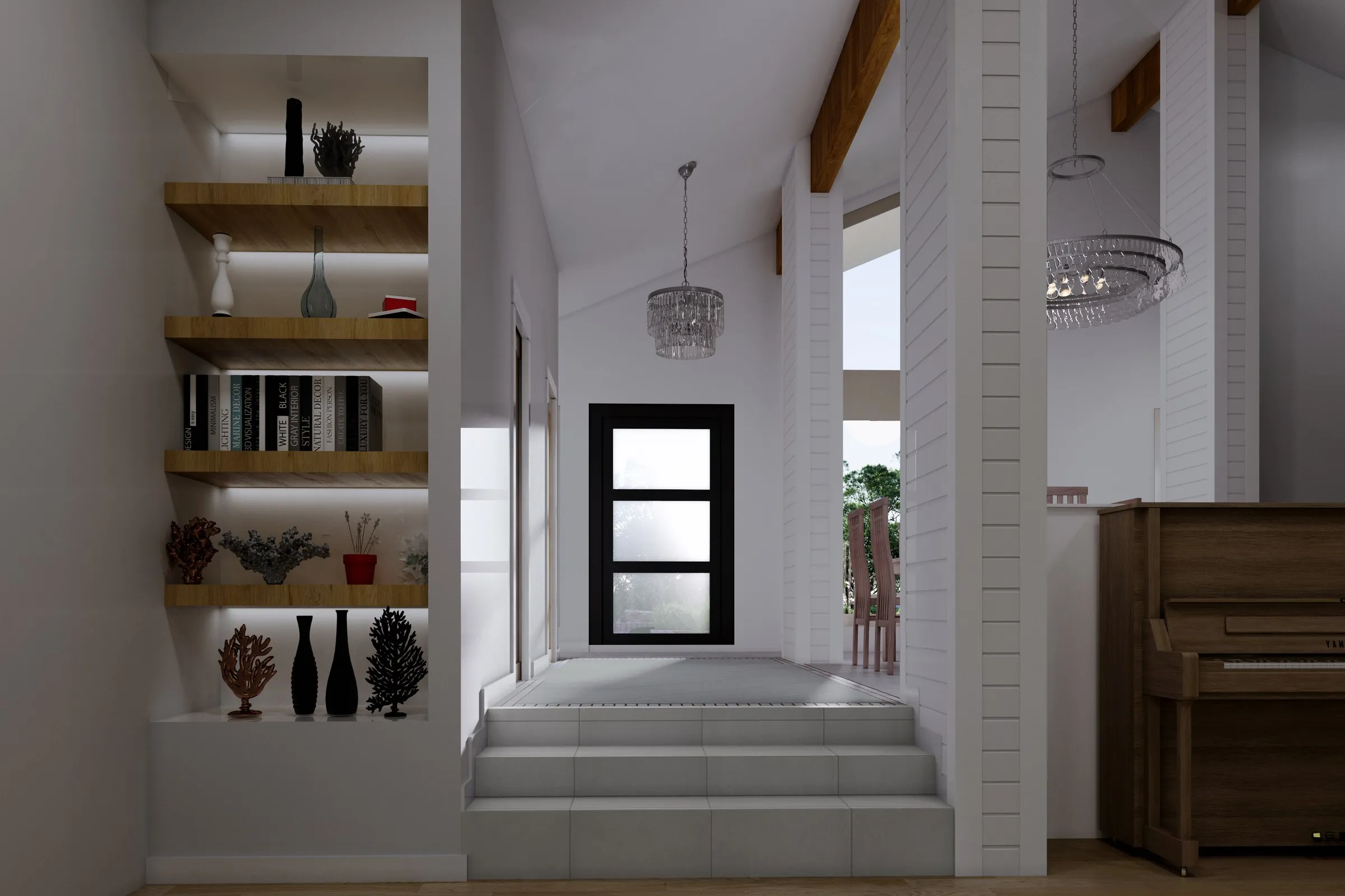 Farmhouse Entry Vaulted Ceiling — residential 3D rendering by Praxis Studio