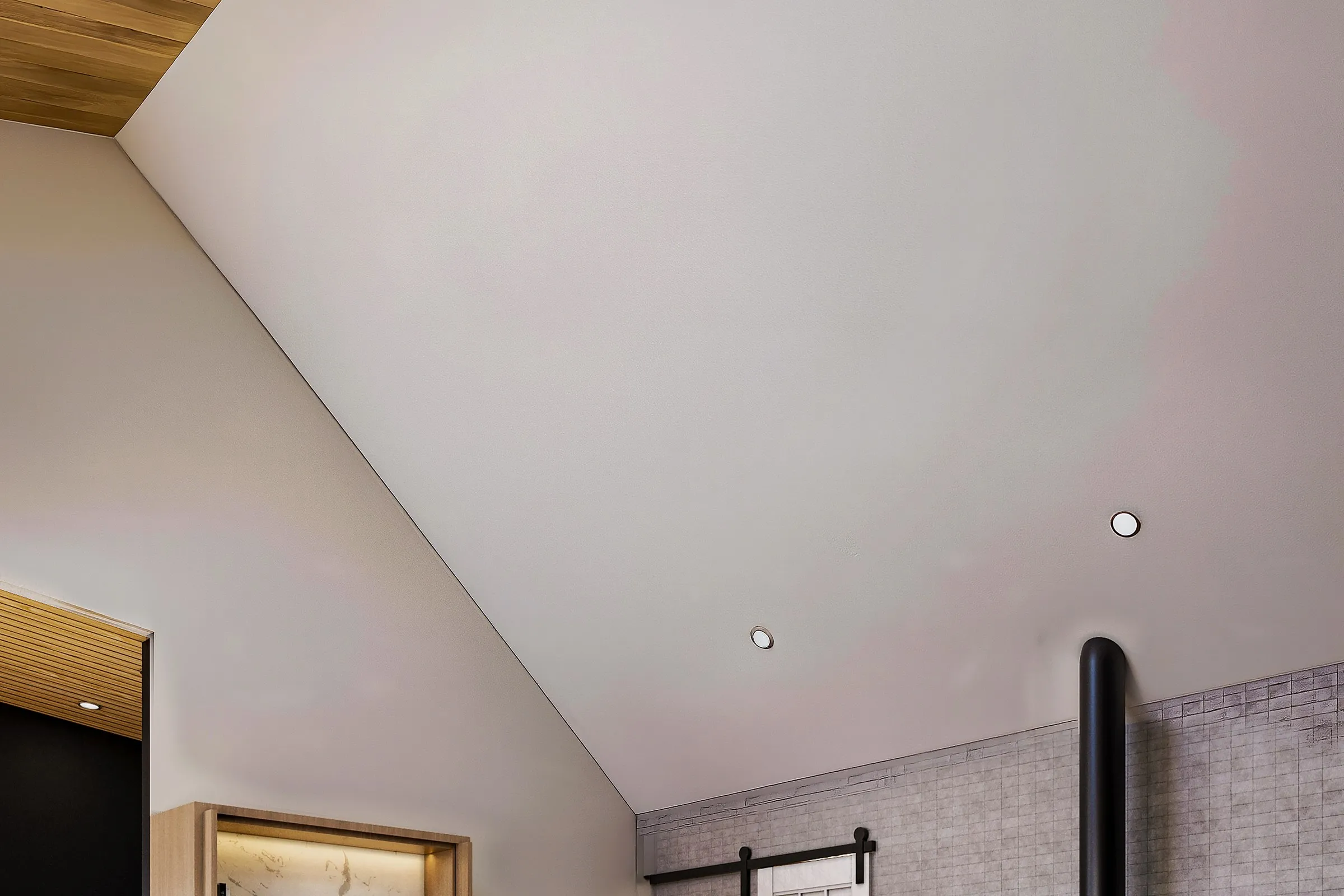 Farmhouse Modern Living Vaulted Wood Ceiling — residential 3D rendering by Praxis Studio
