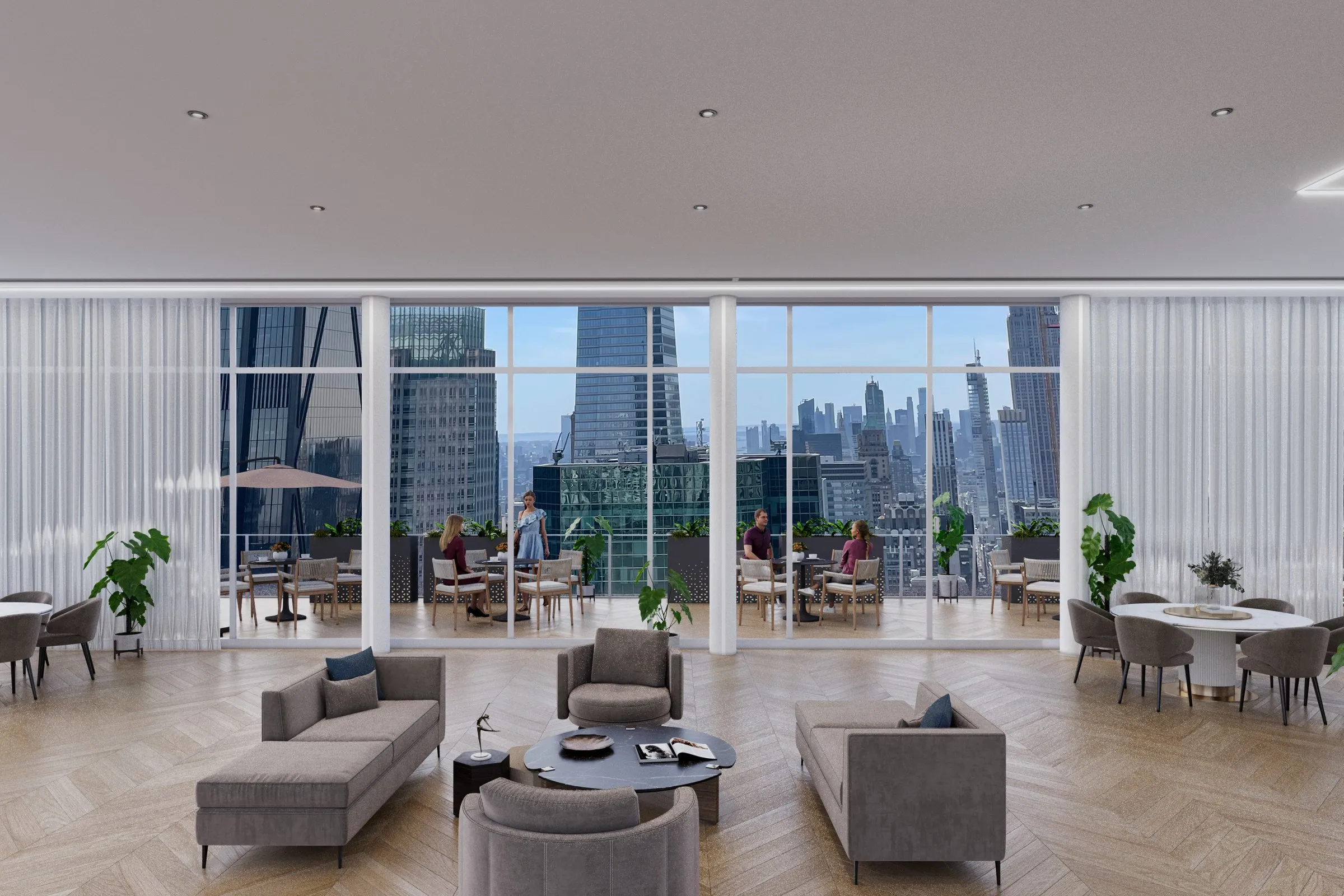 High Rise Lounge City Skyline — residential 3D rendering by Praxis Studio