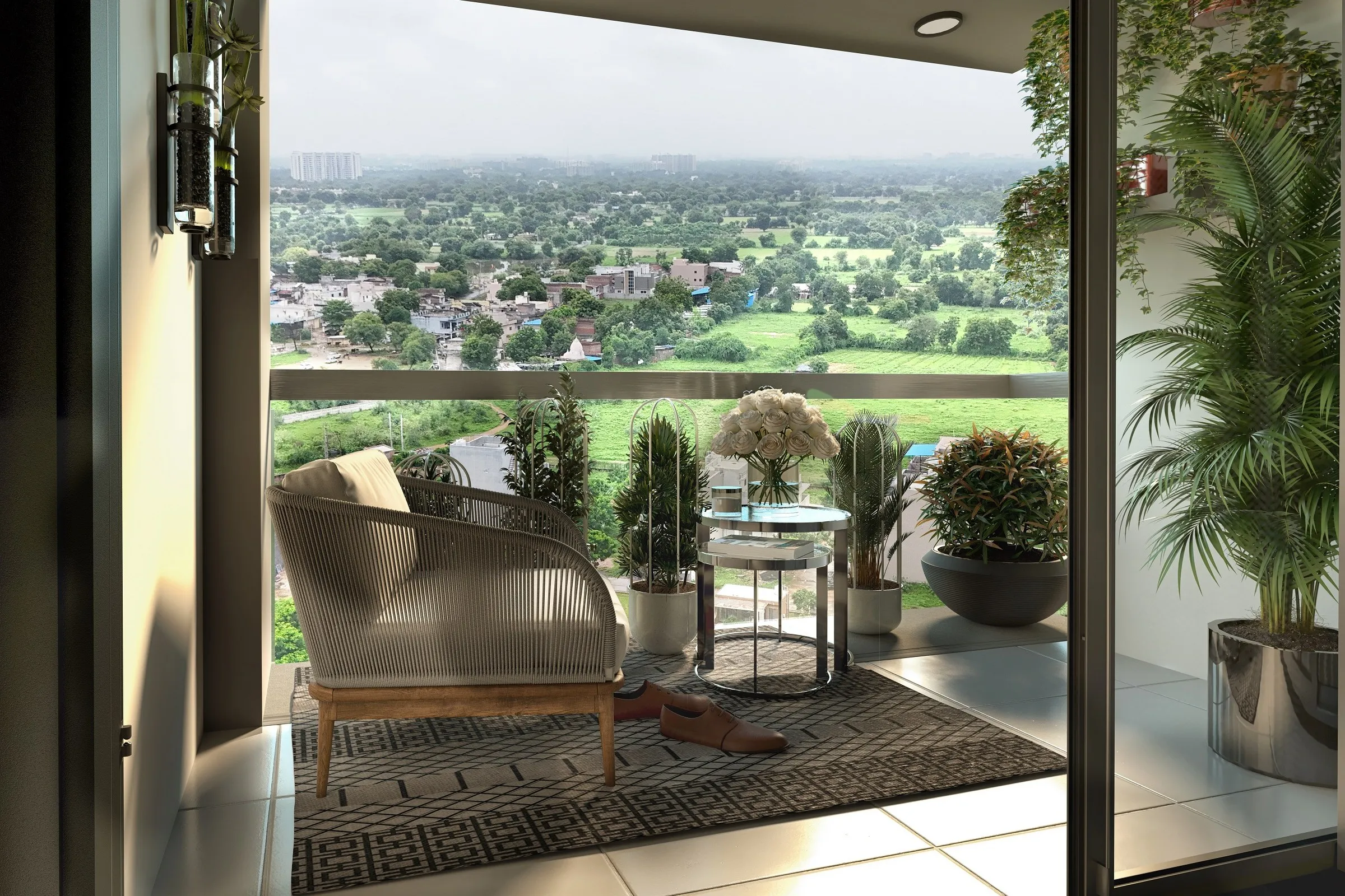 Highrise Balcony Green Landscape View — residential 3D rendering by Praxis Studio