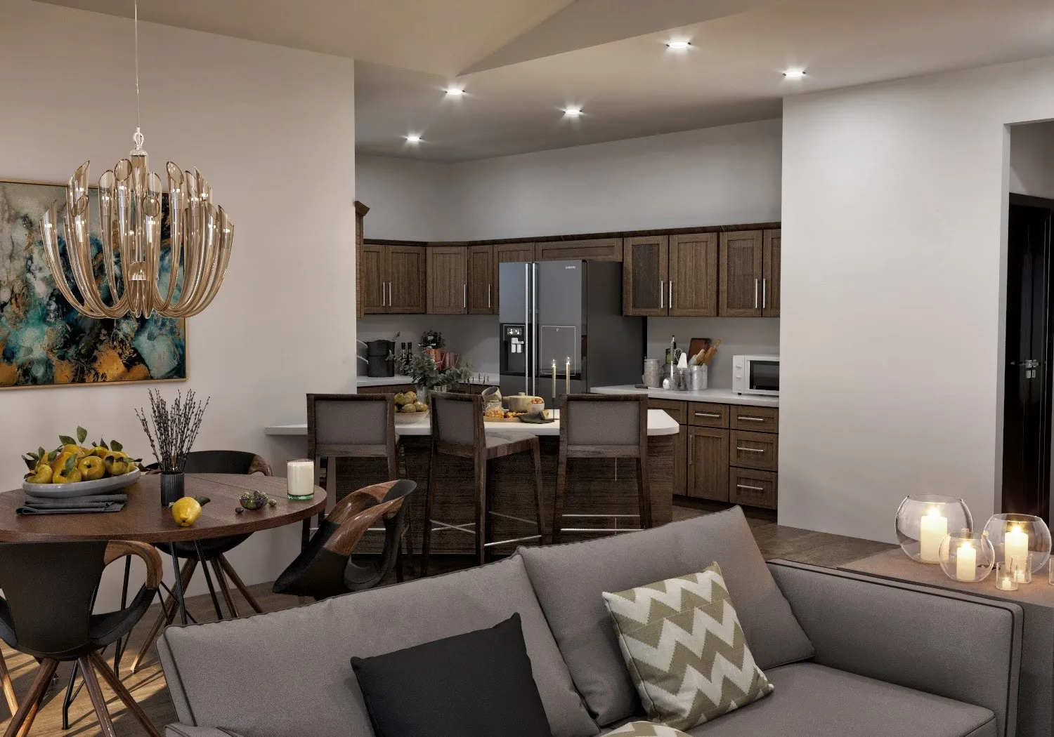Krametbauer Kitchen Living Open Plan — residential 3D rendering by Praxis Studio