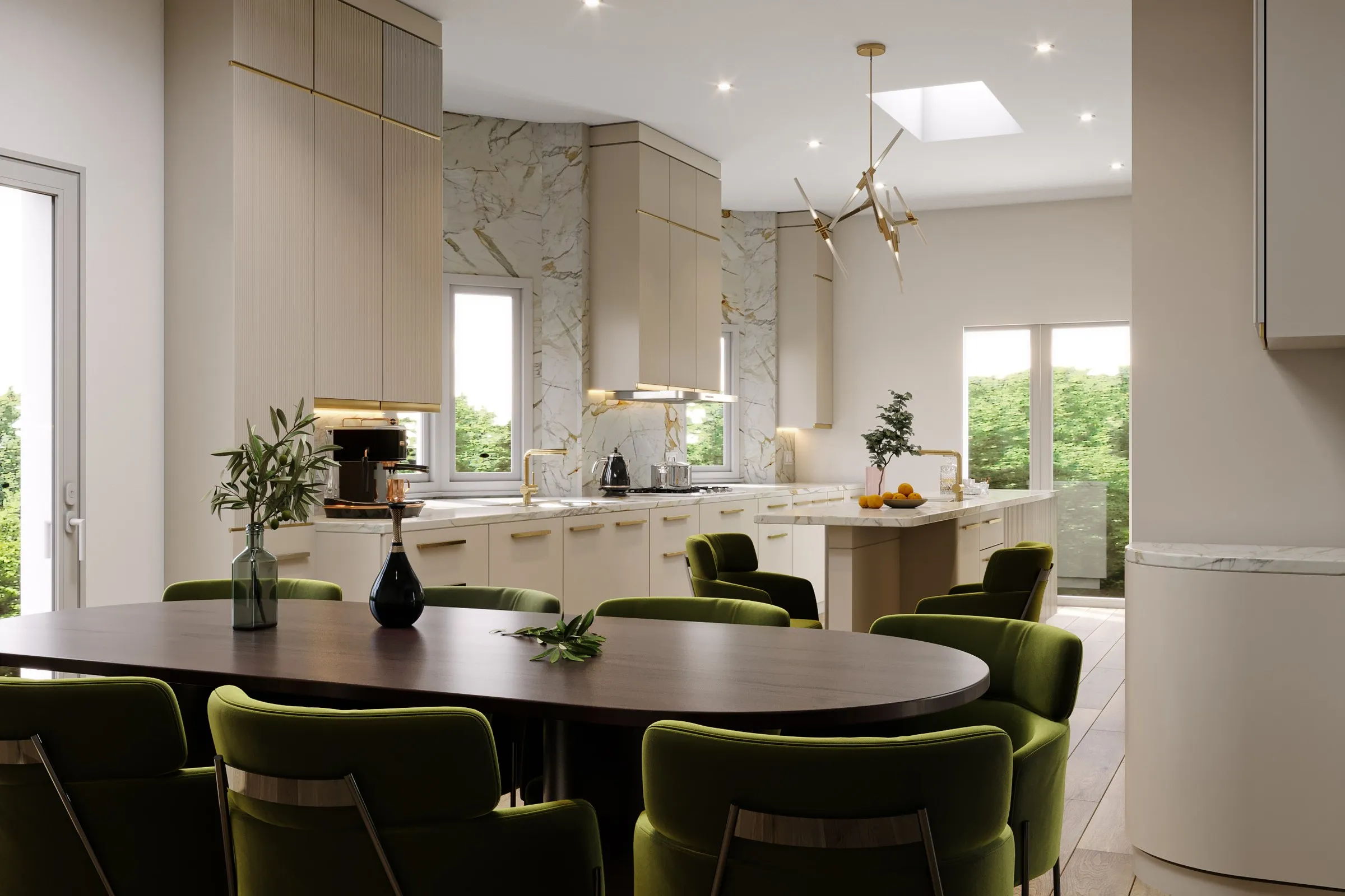 Luxury Dining Kitchen Green Chairs — residential 3D rendering by Praxis Studio