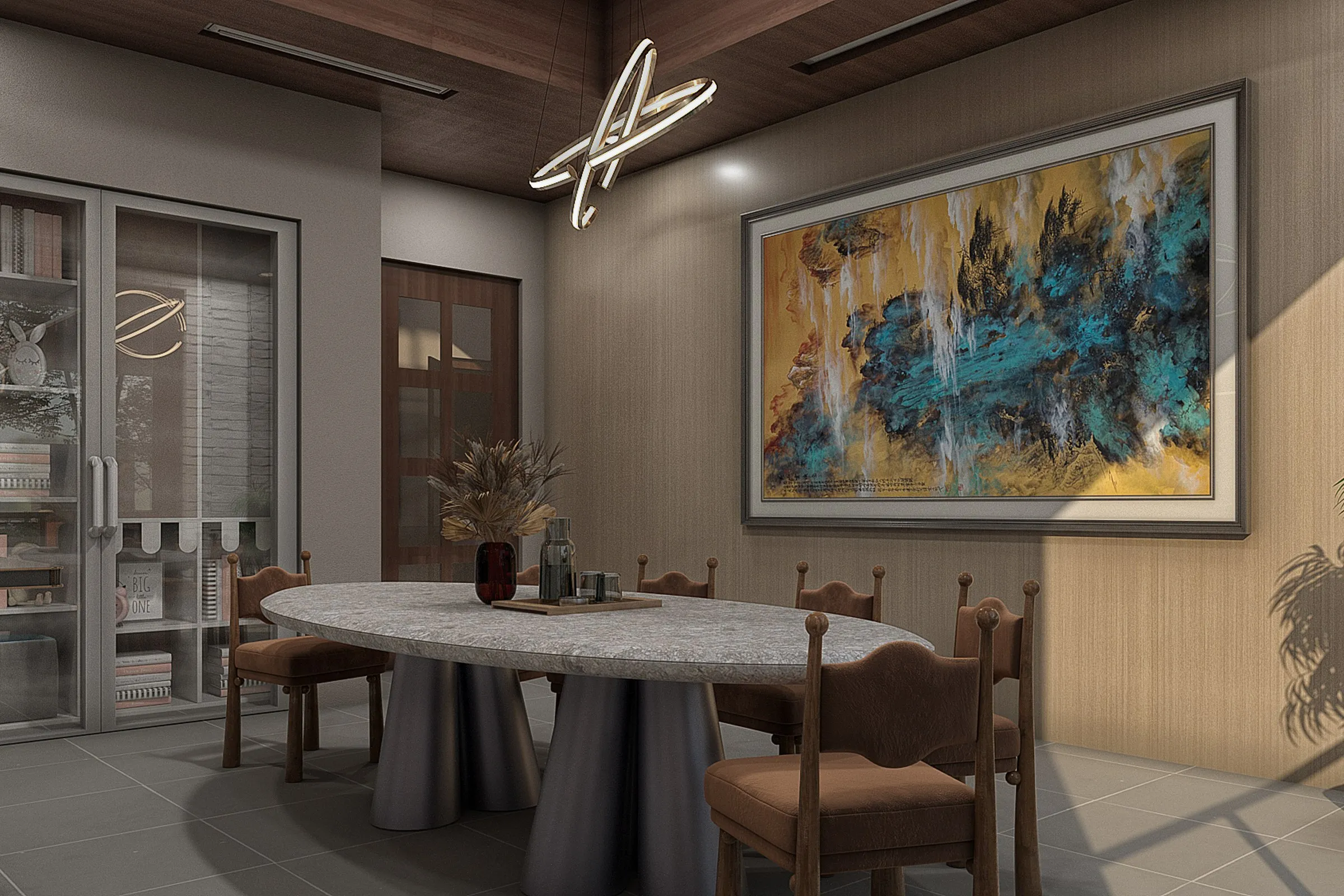 Luxury Dining Room Marble Table — residential 3D rendering by Praxis Studio