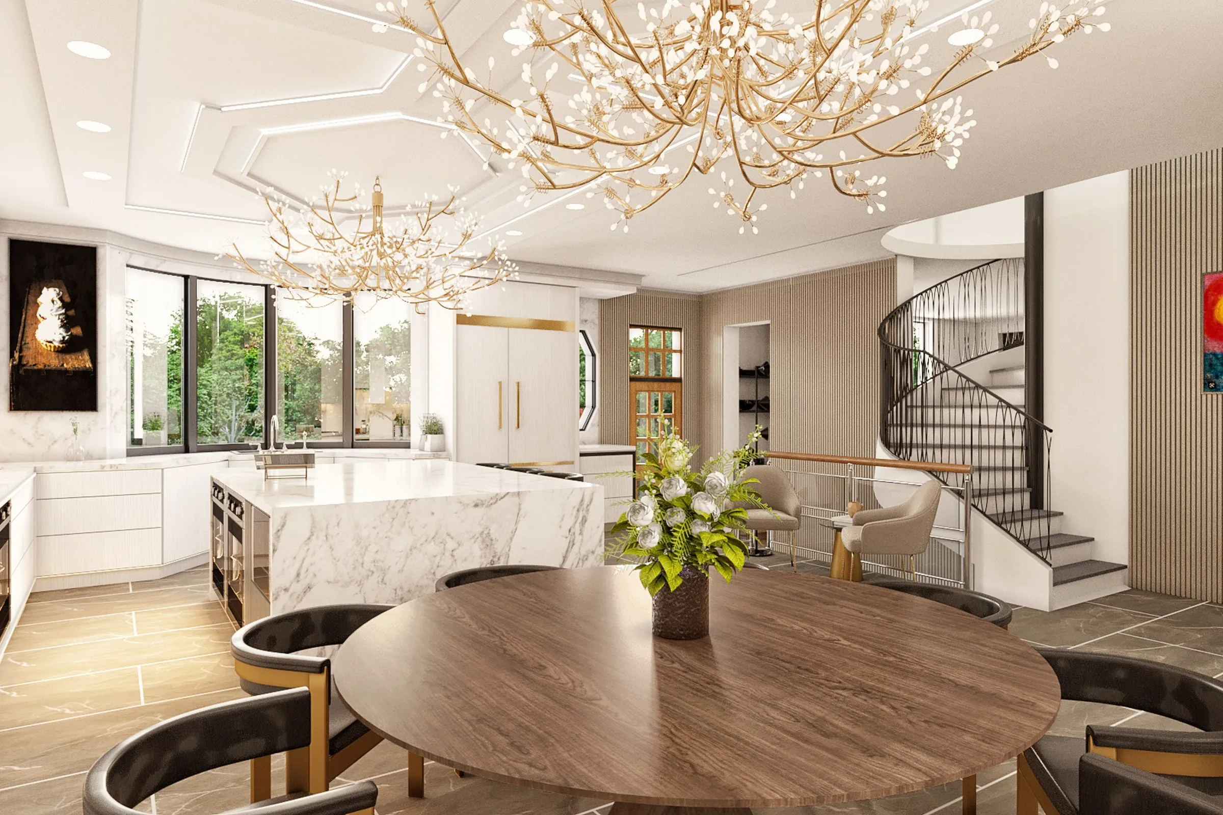 Luxury Kitchen Dining Spiral Staircase Option2 — residential 3D rendering by Praxis Studio