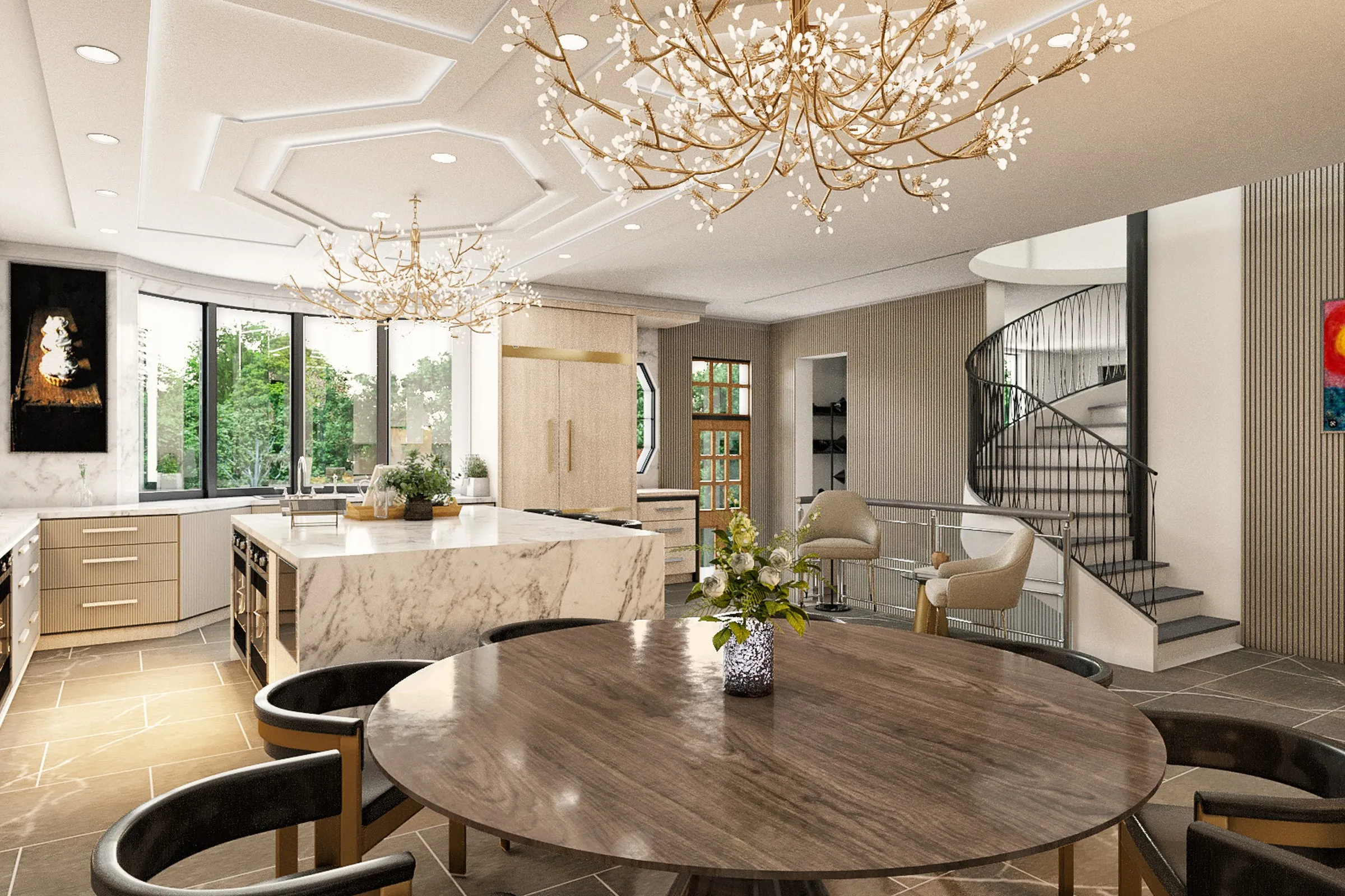 Luxury Kitchen Dining Spiral Staircase — residential 3D rendering by Praxis Studio