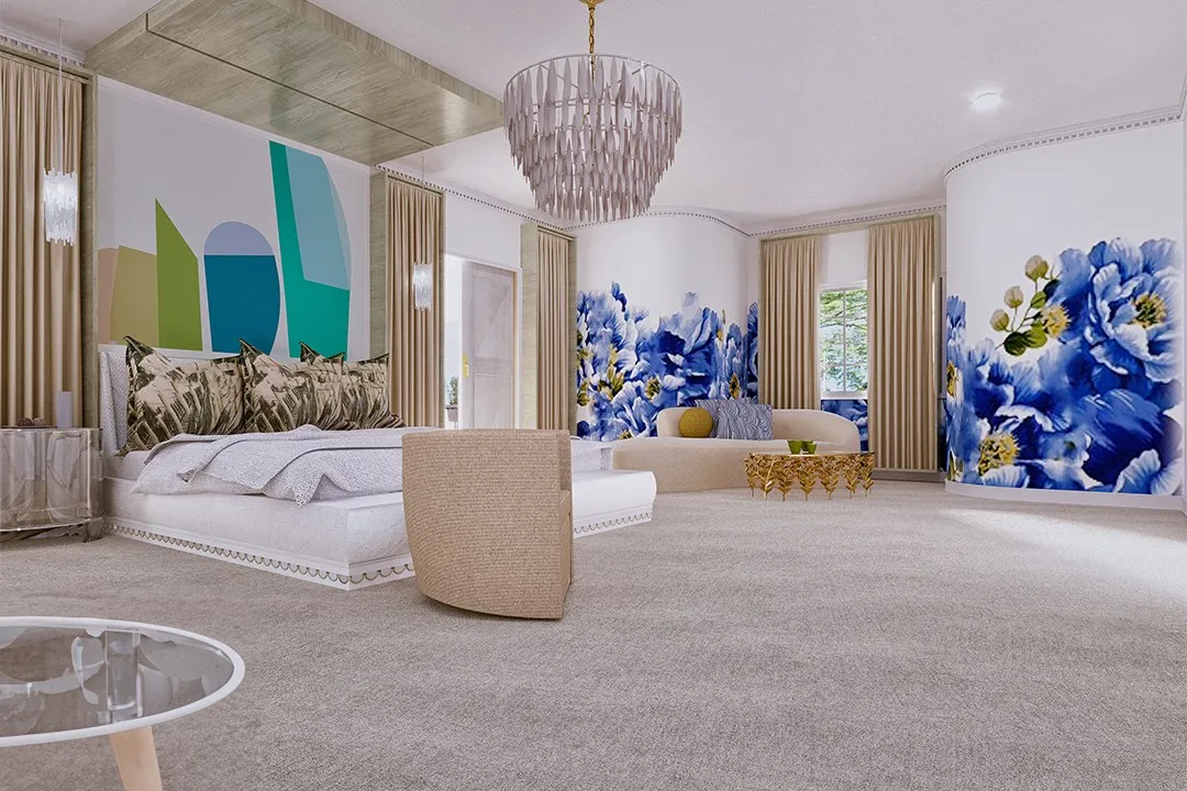 Luxury Master Bedroom Floral Mural — residential 3D rendering by Praxis Studio