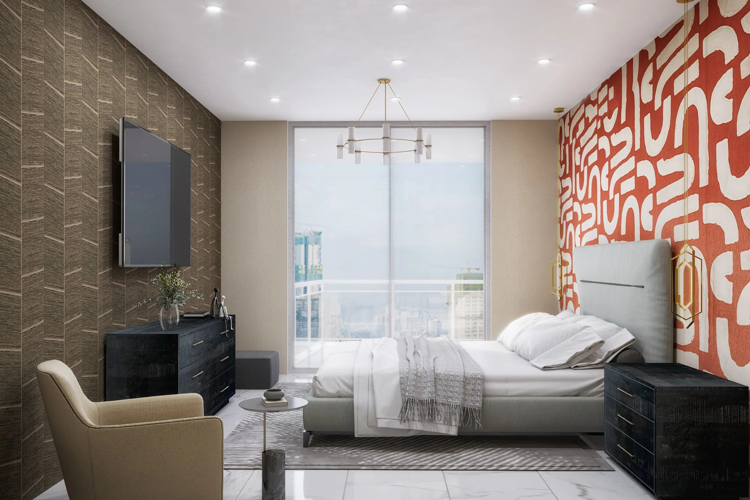 Luxury Master Bedroom Gold Pendant — residential architectural visualization, view 1