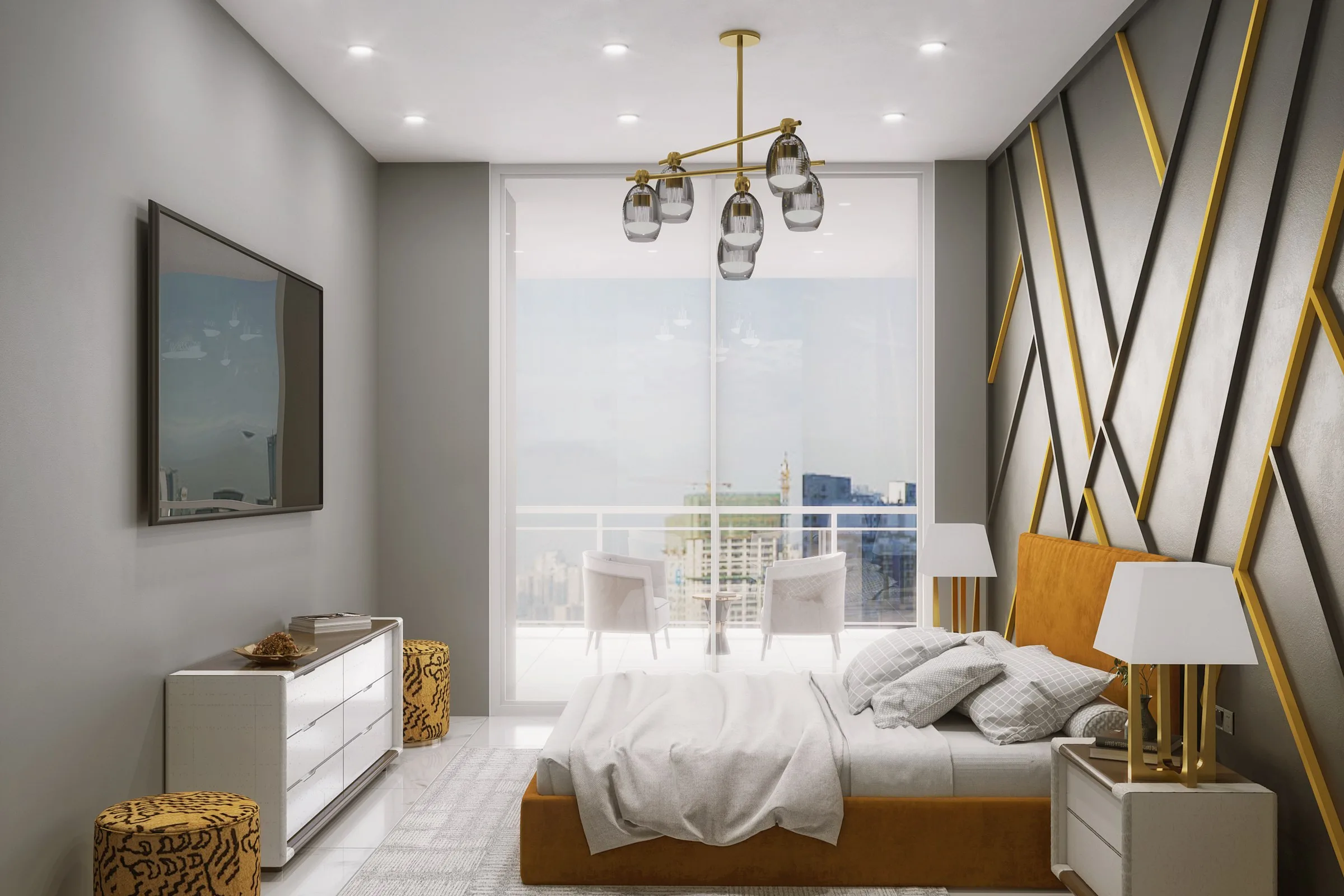 Luxury Master Bedroom Gold Pendant — residential architectural visualization, view 2