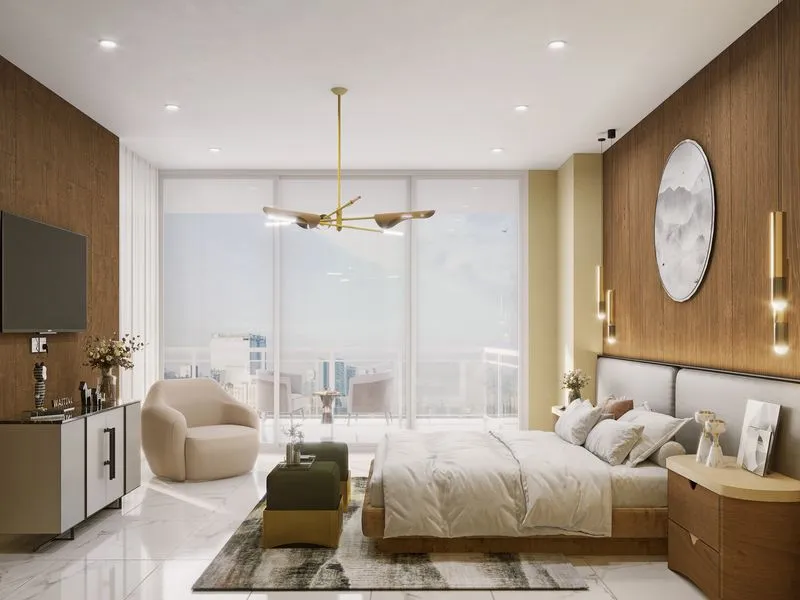 Luxury Master Bedroom Gold Pendant — residential 3D rendering