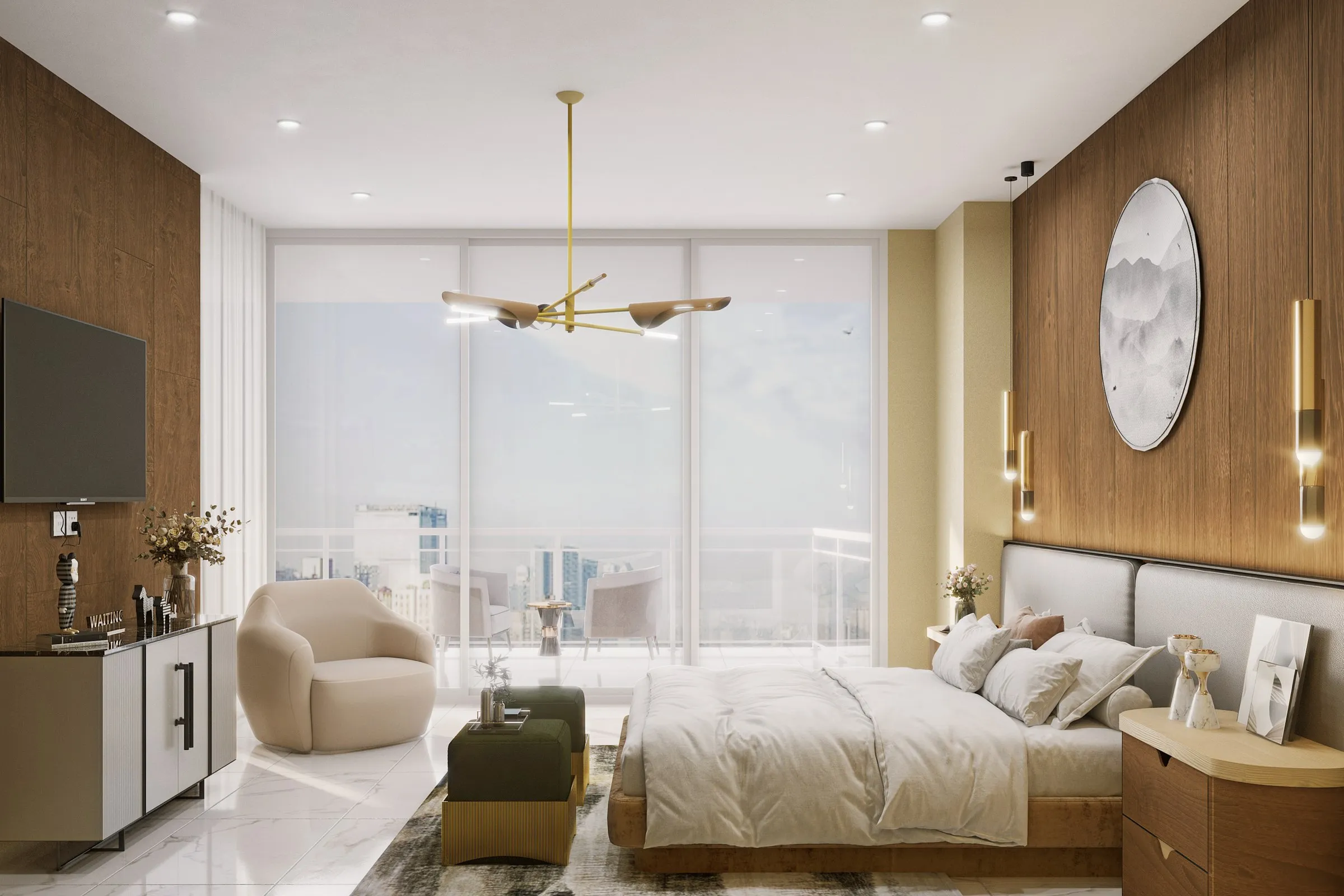 Luxury Master Bedroom Gold Pendant — residential 3D rendering by Praxis Studio