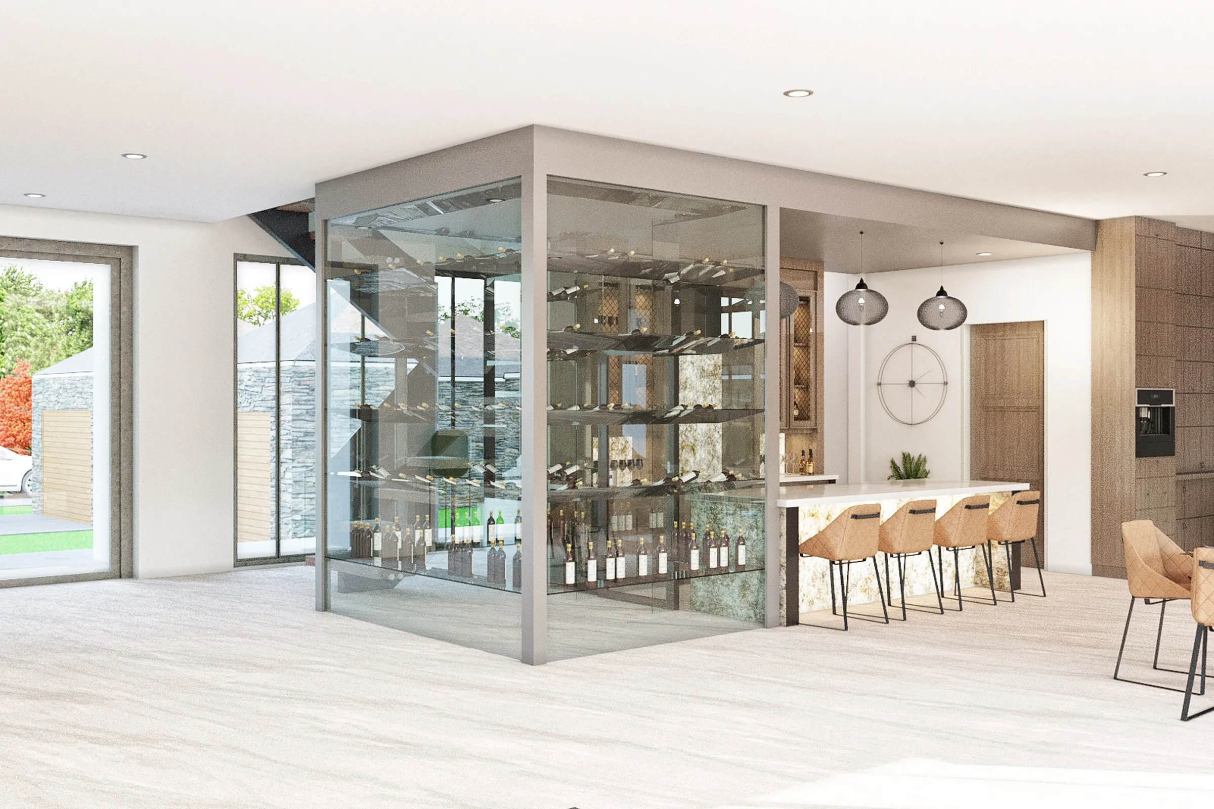 Luxury Open Plan Wine Cellar — residential 3D rendering by Praxis Studio