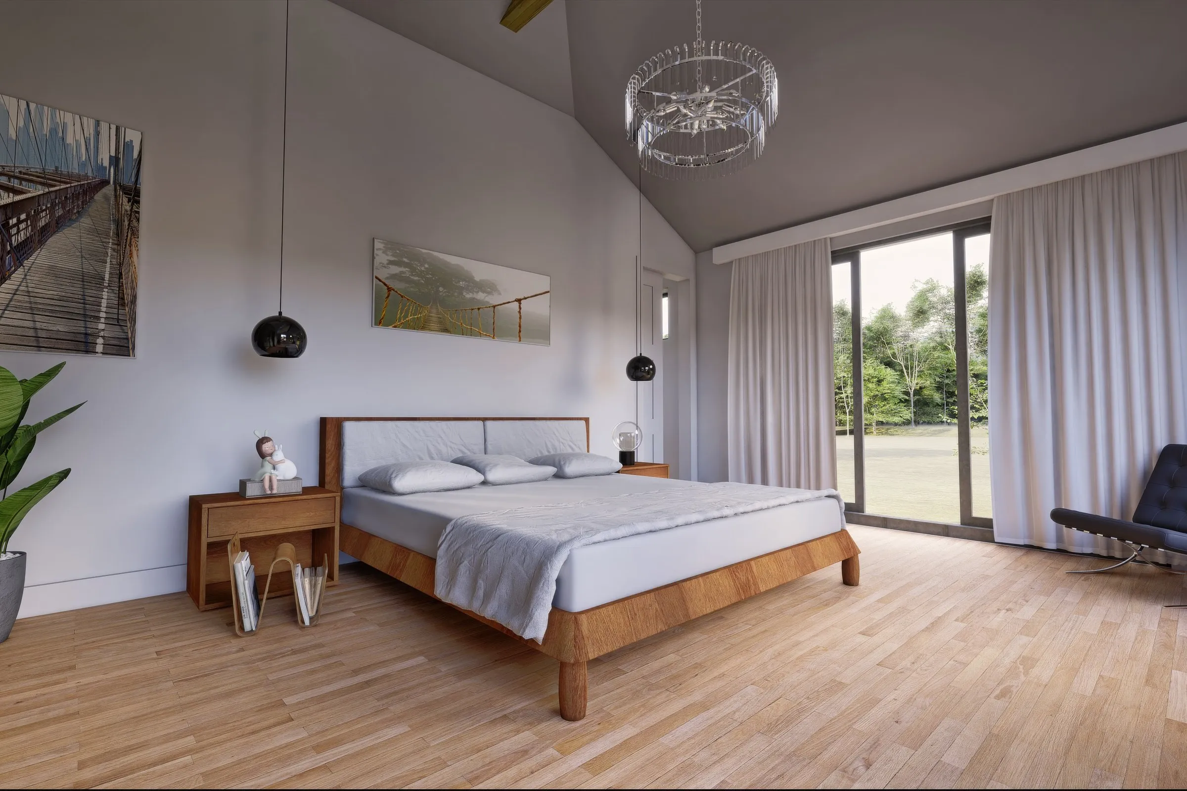 Mid Century Bedroom Vaulted Ceiling — residential 3D rendering by Praxis Studio