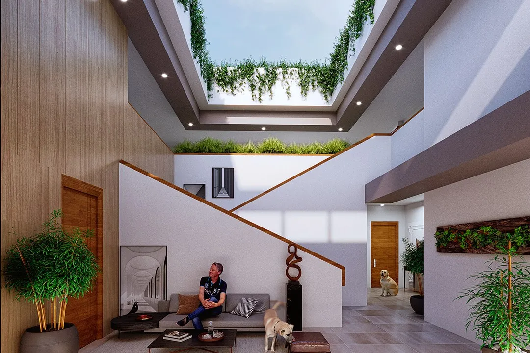 Modern Double Height Courtyard Skylight — residential 3D rendering by Praxis Studio