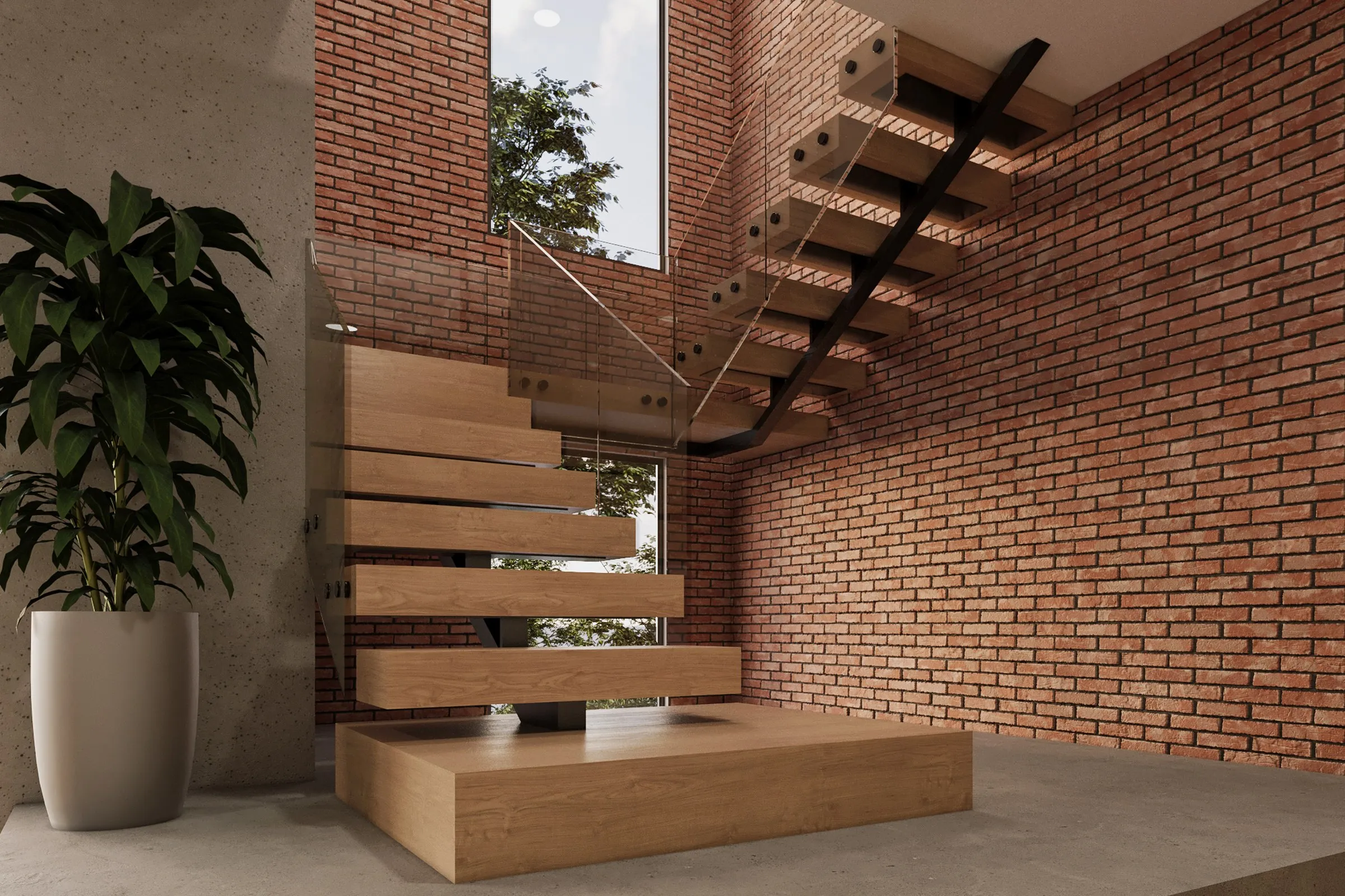 Modern Floating Staircase Brick Wall — residential 3D rendering by Praxis Studio