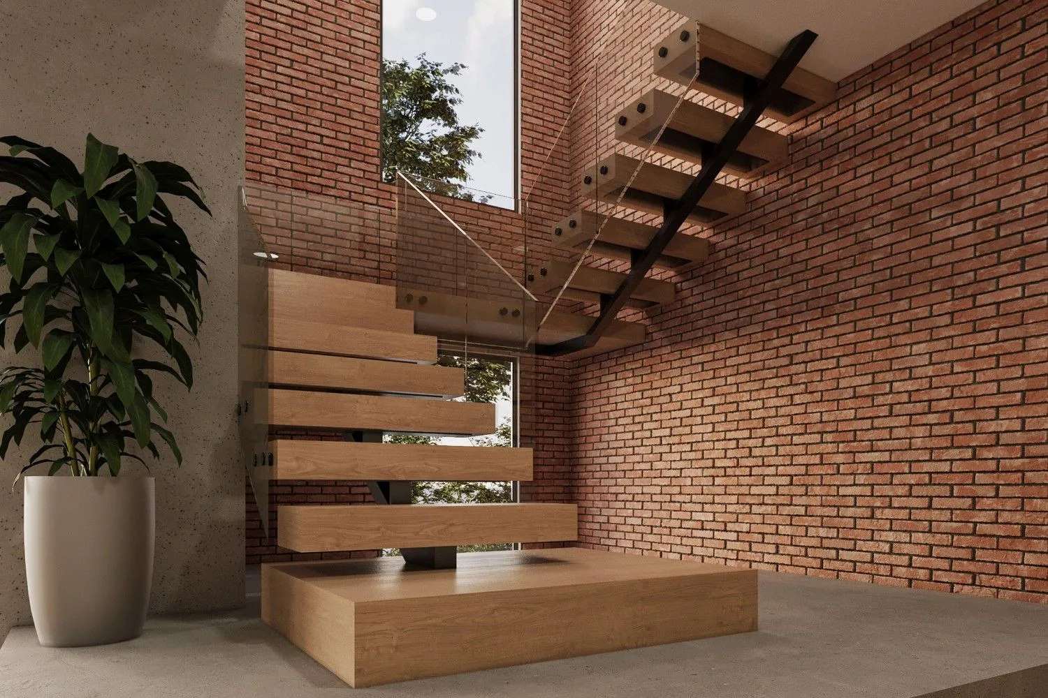 Modern Floating Staircase Glass Railing — residential architectural visualization, view 1