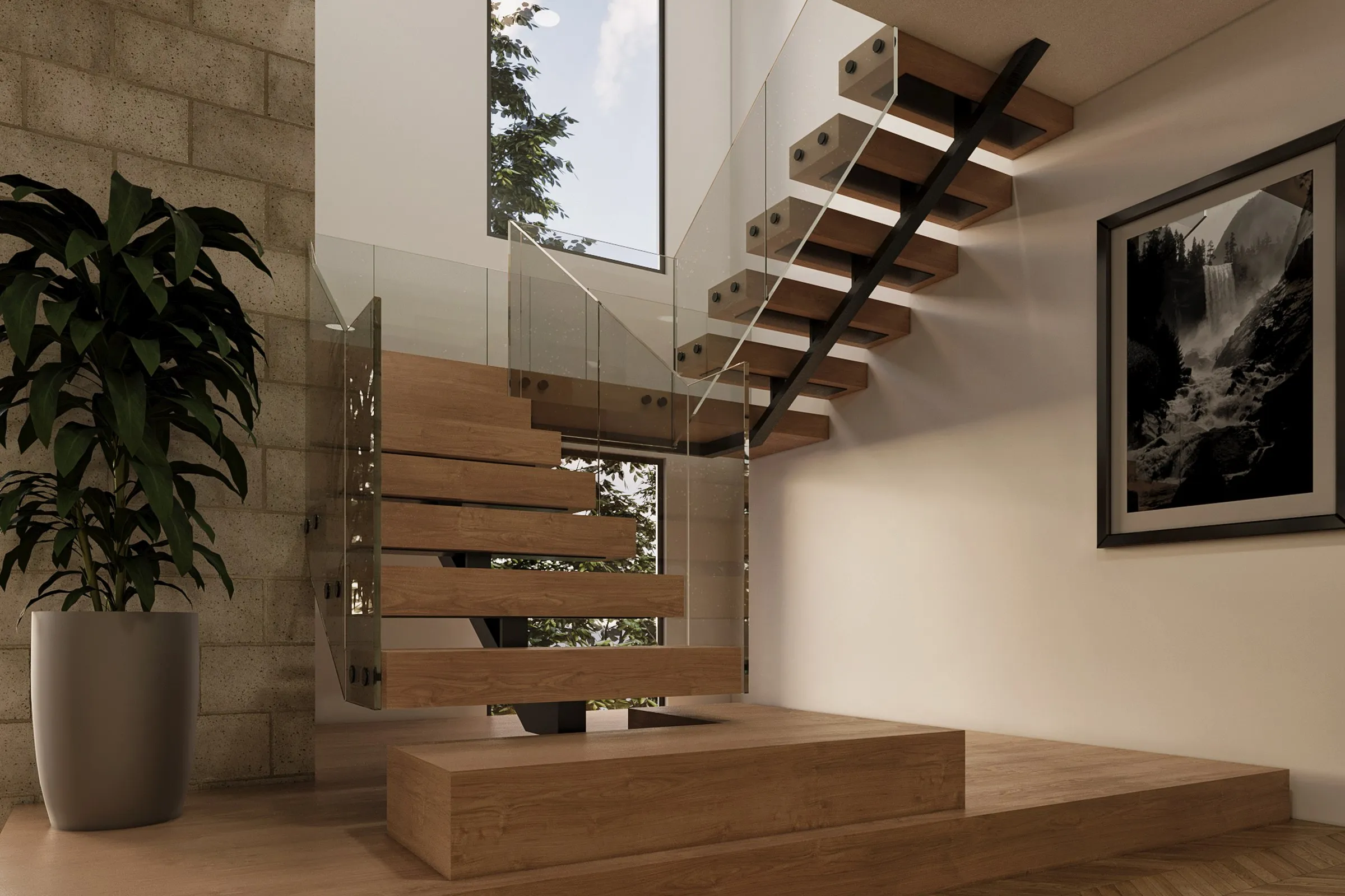 Modern Floating Staircase Glass Railing — residential 3D rendering by Praxis Studio