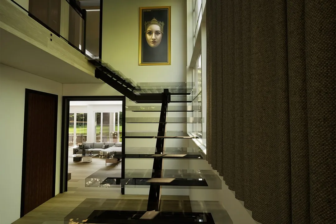 Modern Glass Staircase Double Height Living — residential 3D rendering by Praxis Studio