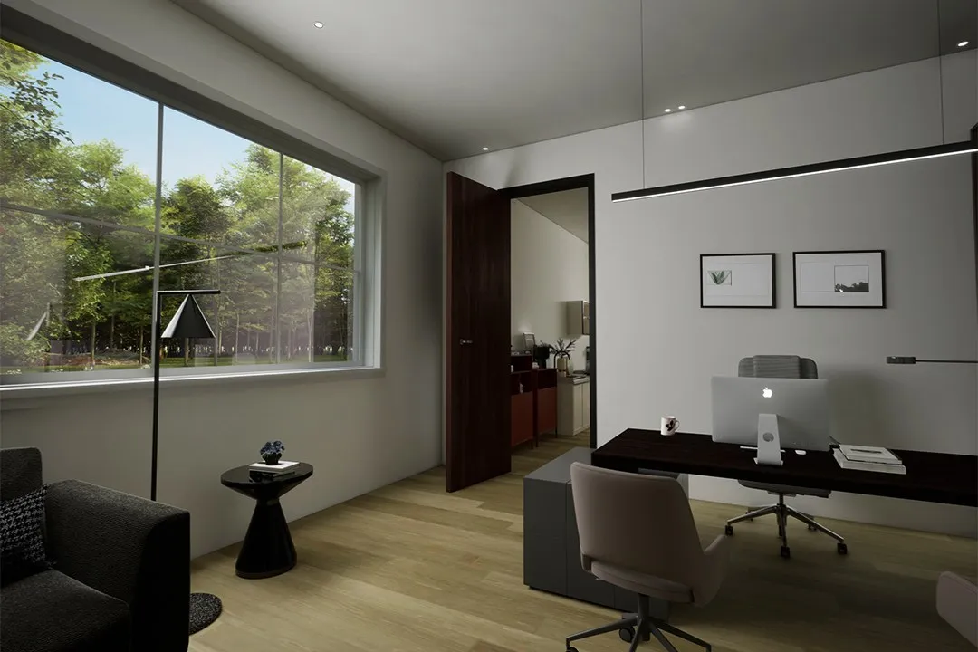 Modern Home Office Forest View — residential 3D rendering by Praxis Studio