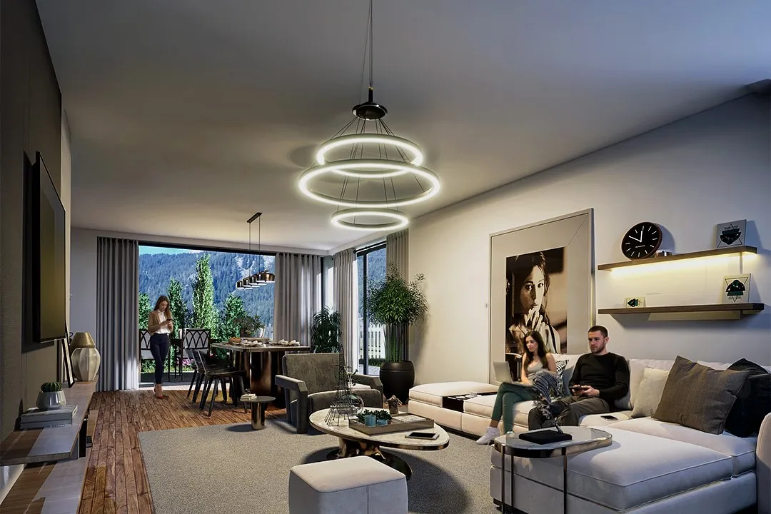Modern Living Room Ring Pendants — residential 3D rendering by Praxis Studio