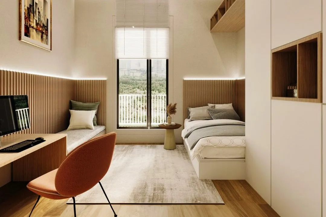 Modern Twin Bedroom Fluted Wood Headboard — residential 3D rendering by Praxis Studio