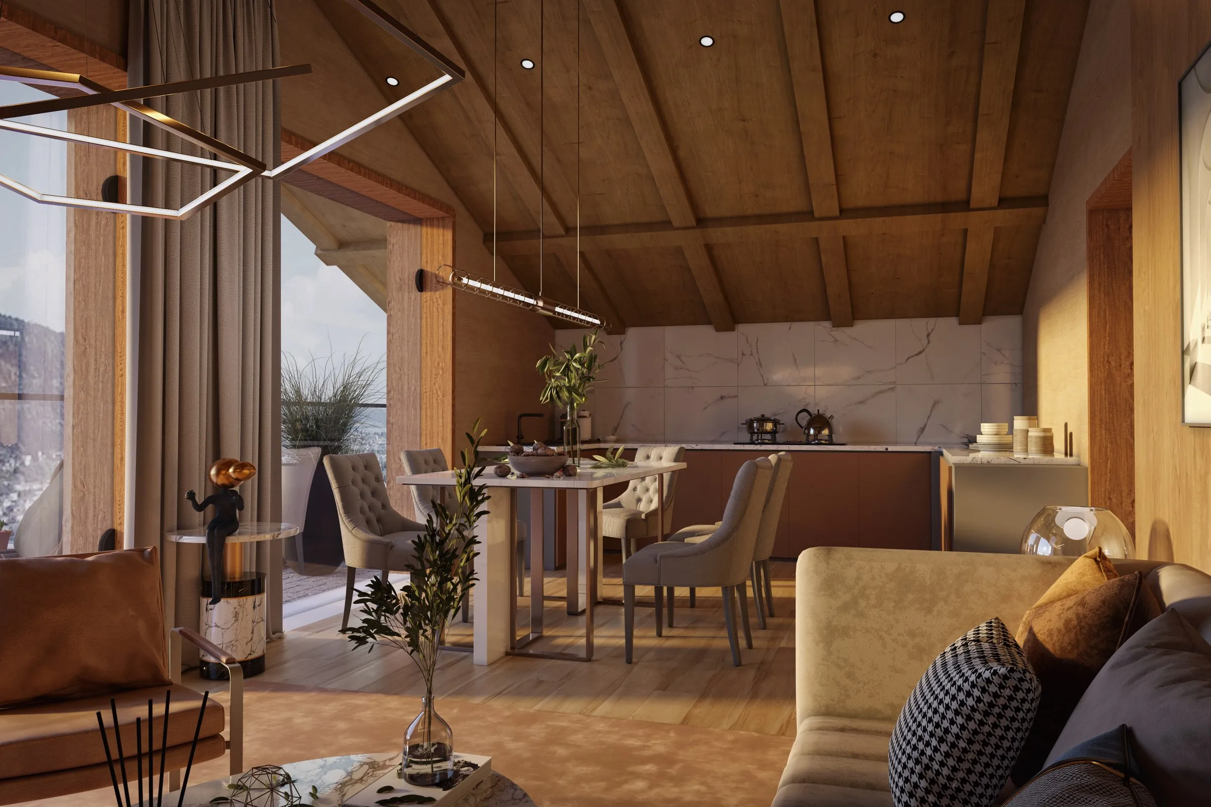 Mountain Cabin Open Plan Living — residential 3D rendering by Praxis Studio