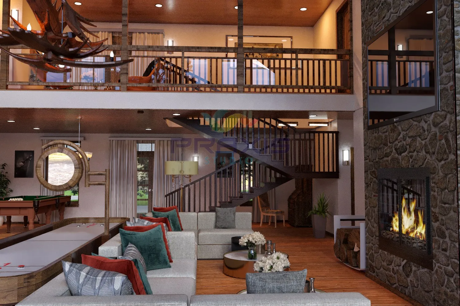 Rustic Lodge Double Height Living — residential 3D rendering by Praxis Studio