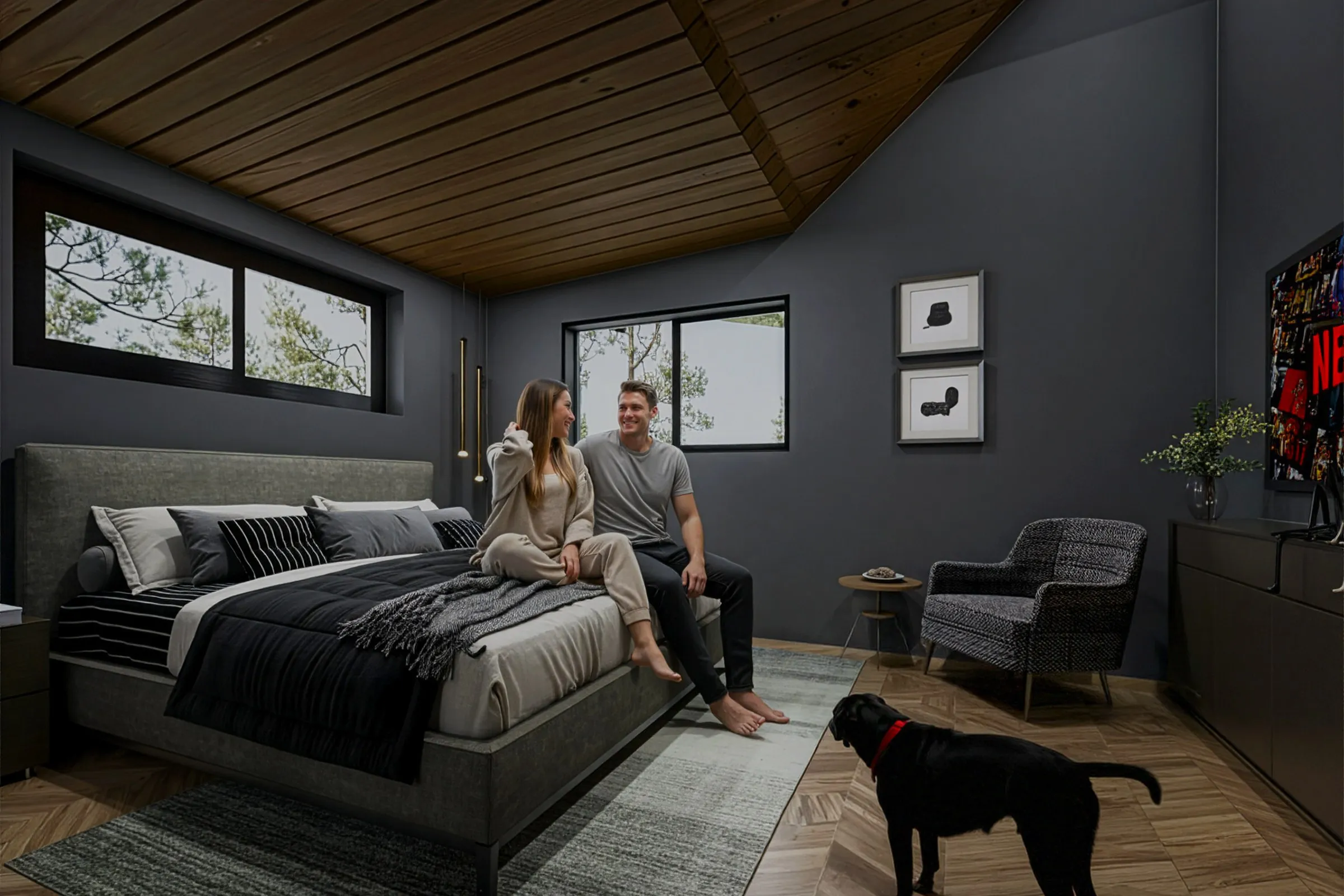 Rustic Modern Attic Bedroom Wood Ceiling — residential 3D rendering by Praxis Studio