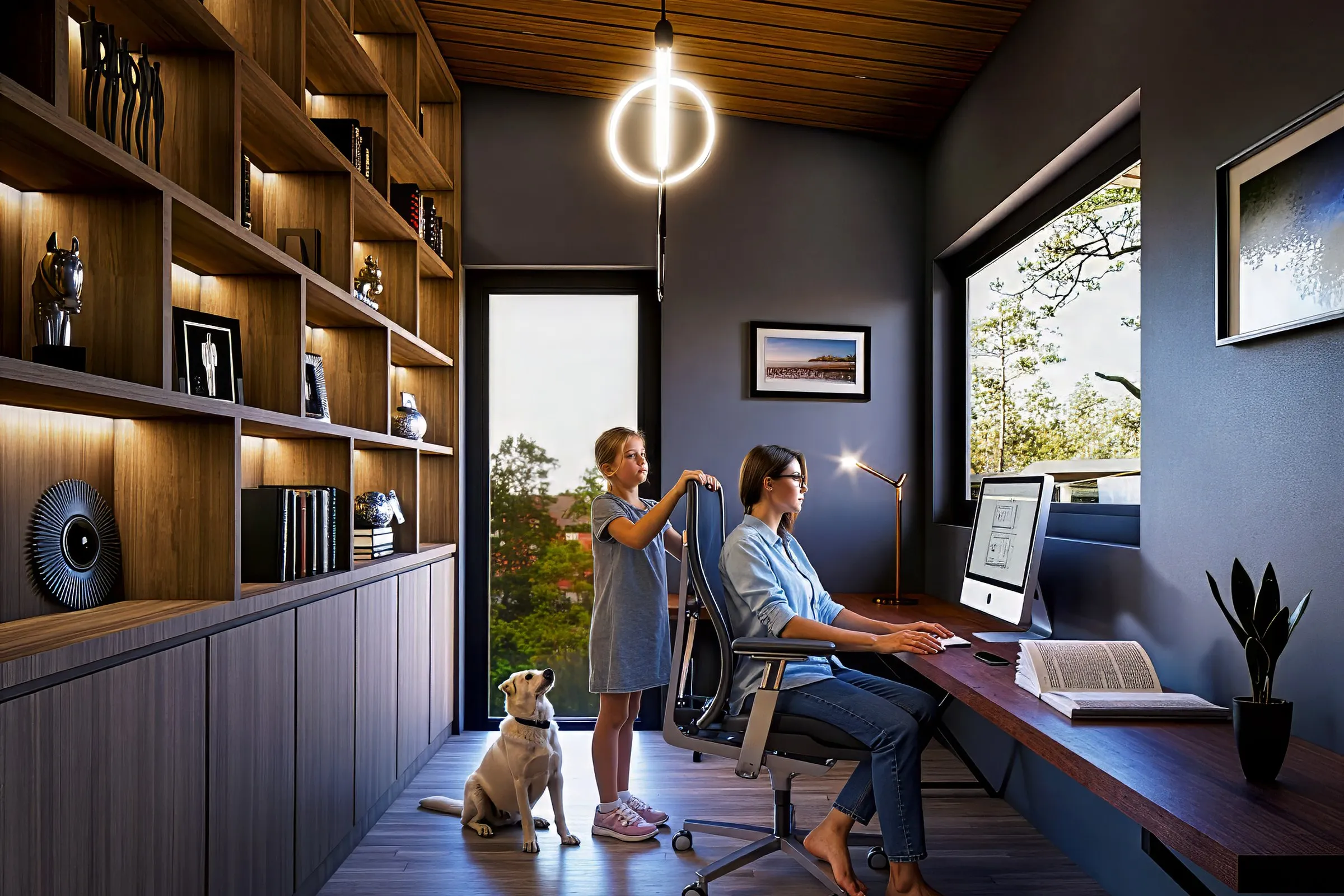Rustic Modern Home Office Wood Ceiling — residential 3D rendering by Praxis Studio