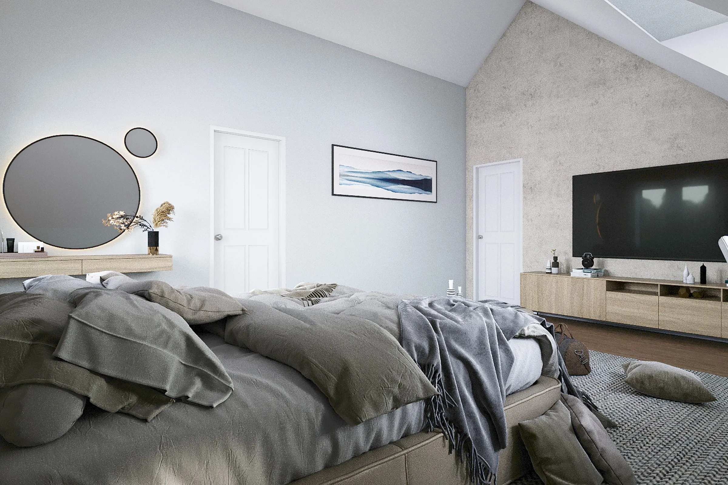 Scandinavian Attic Bedroom Alternate — residential 3D rendering by Praxis Studio