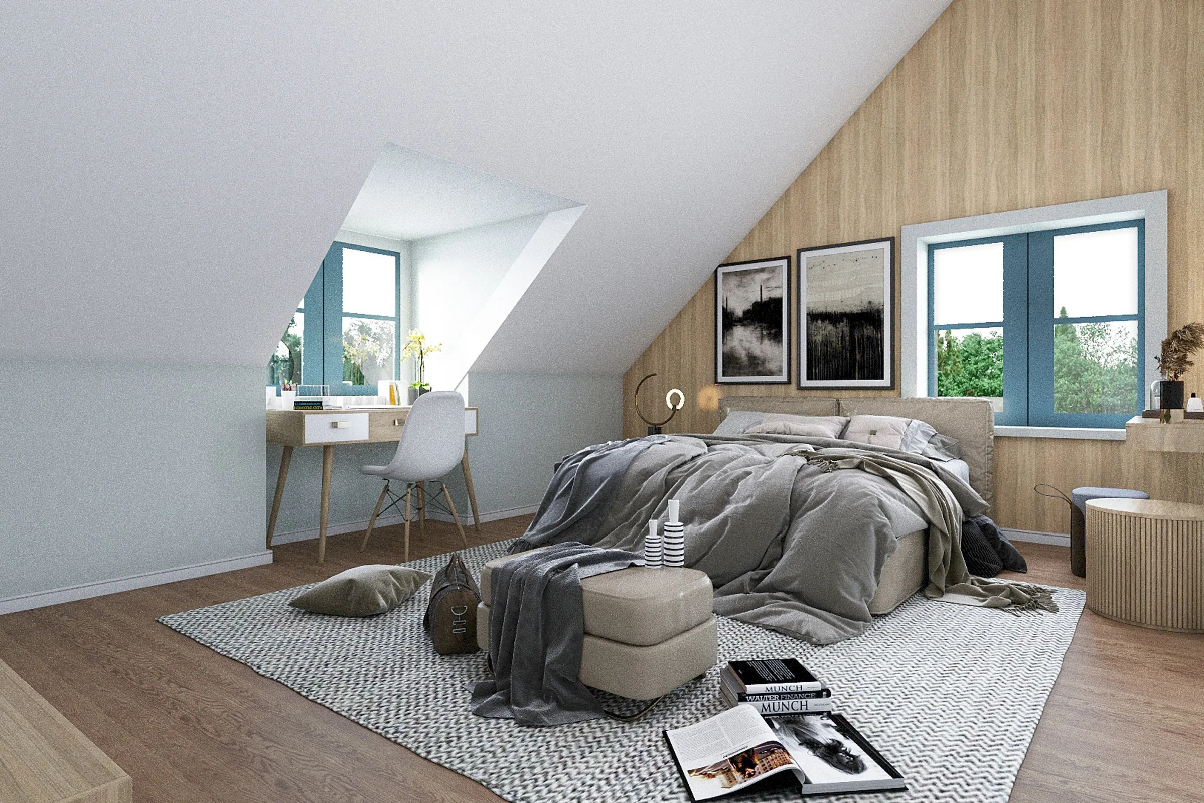 Scandinavian Attic Bedroom — residential 3D rendering by Praxis Studio