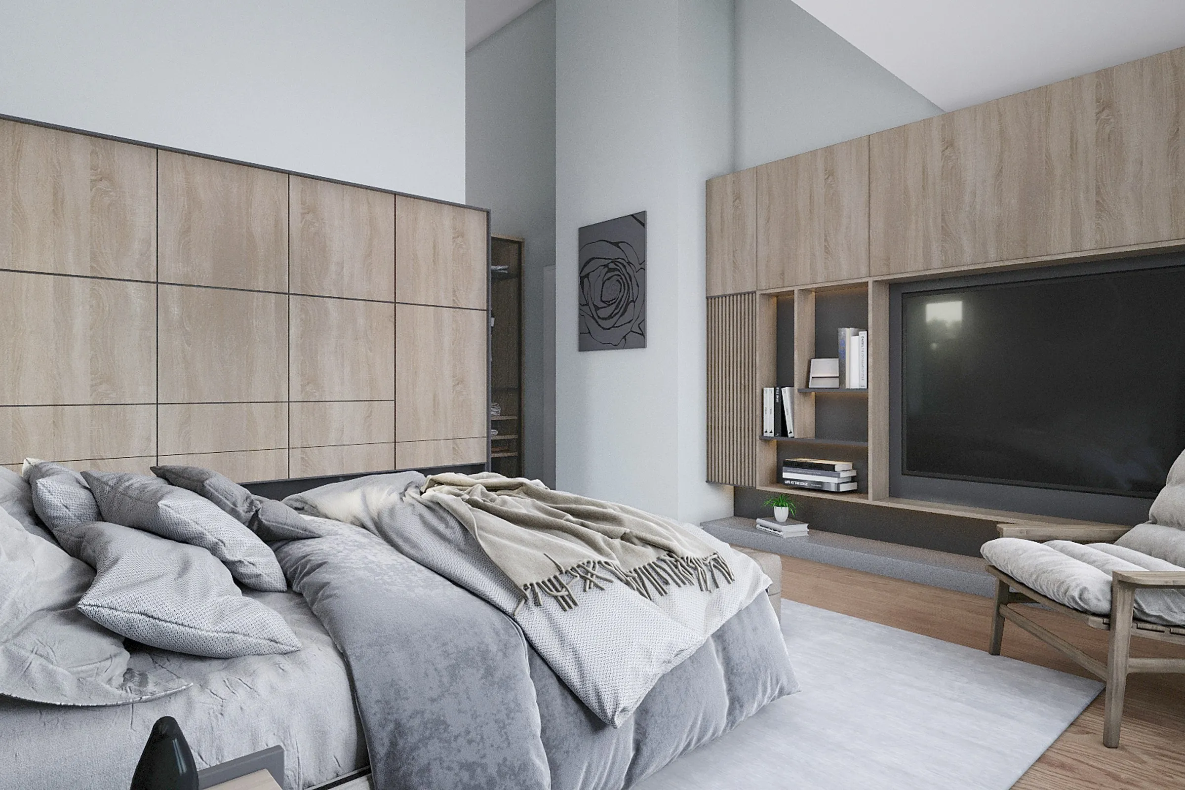 Scandinavian Master Bedroom Tv Wall — residential 3D rendering by Praxis Studio