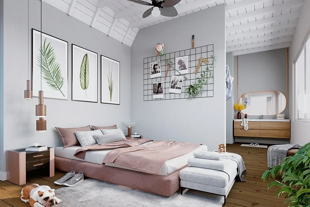 Scandinavian Vaulted Bedroom Botanical Art — residential 3D rendering by Praxis Studio