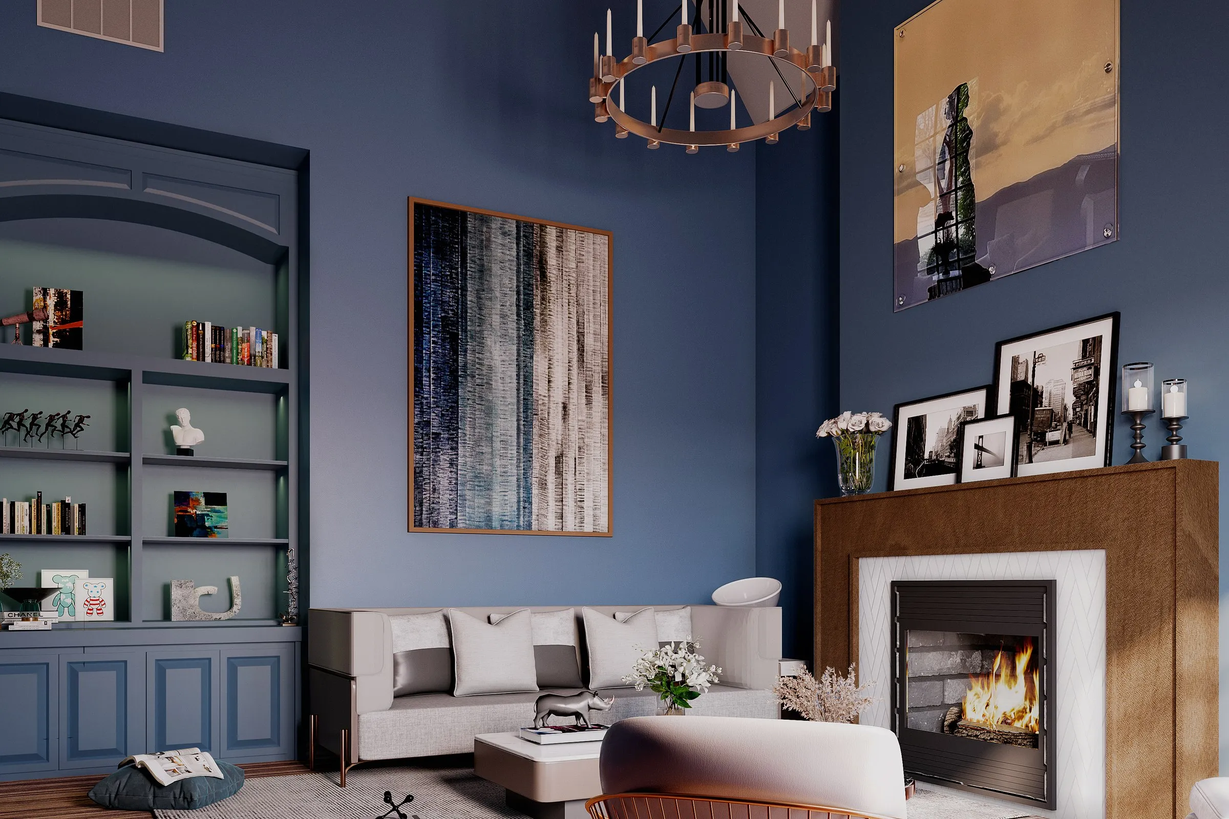 Traditional Living Room Blue Walls — residential 3D rendering by Praxis Studio