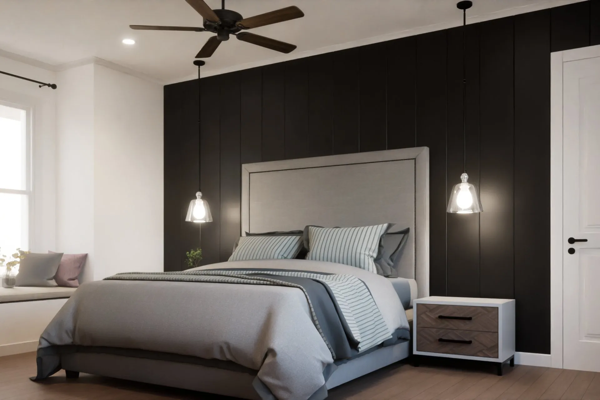 Transitional Master Bedroom Dark Panel — residential architectural visualization, view 1