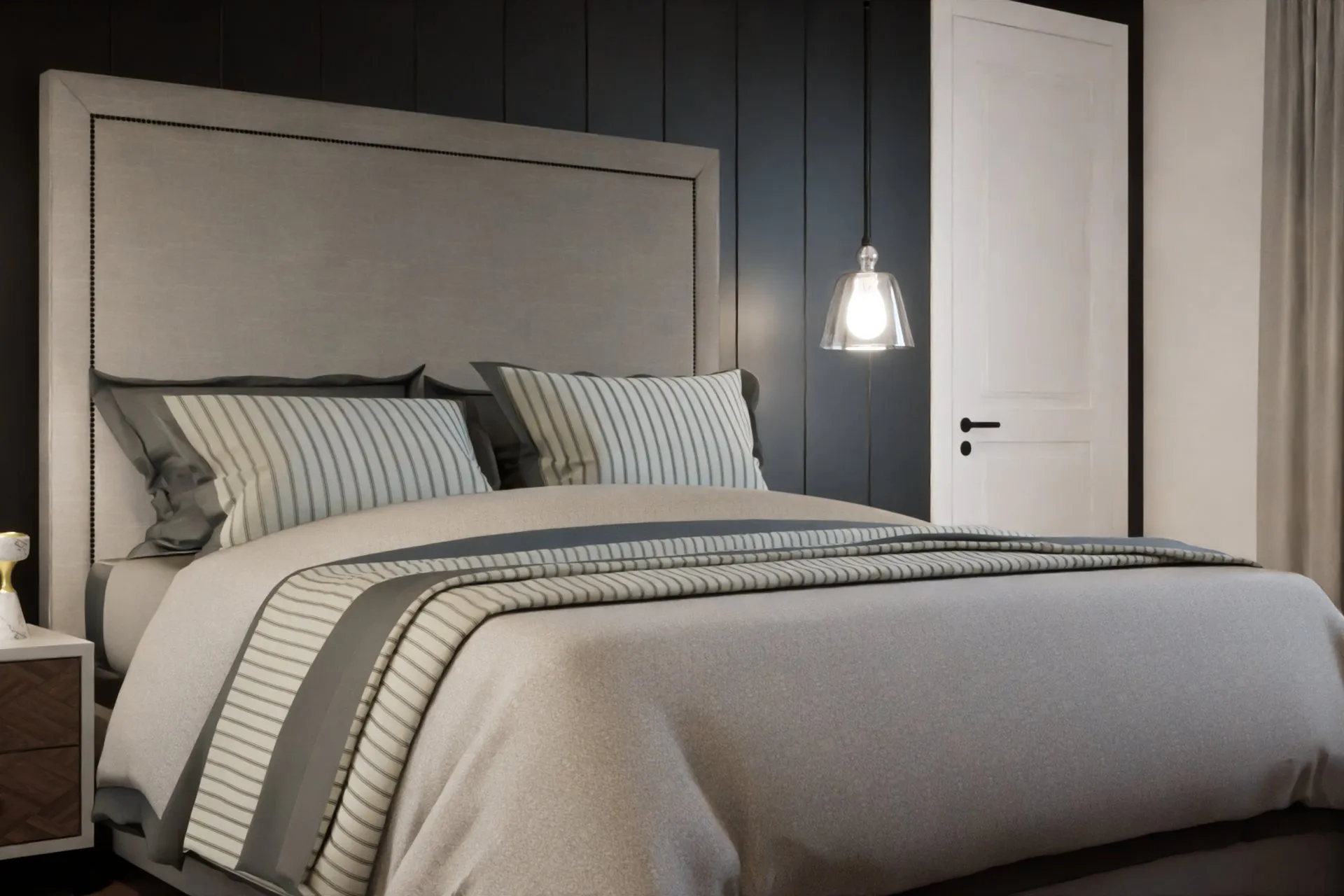 Transitional Master Bedroom Dark Panel — residential architectural visualization, view 2