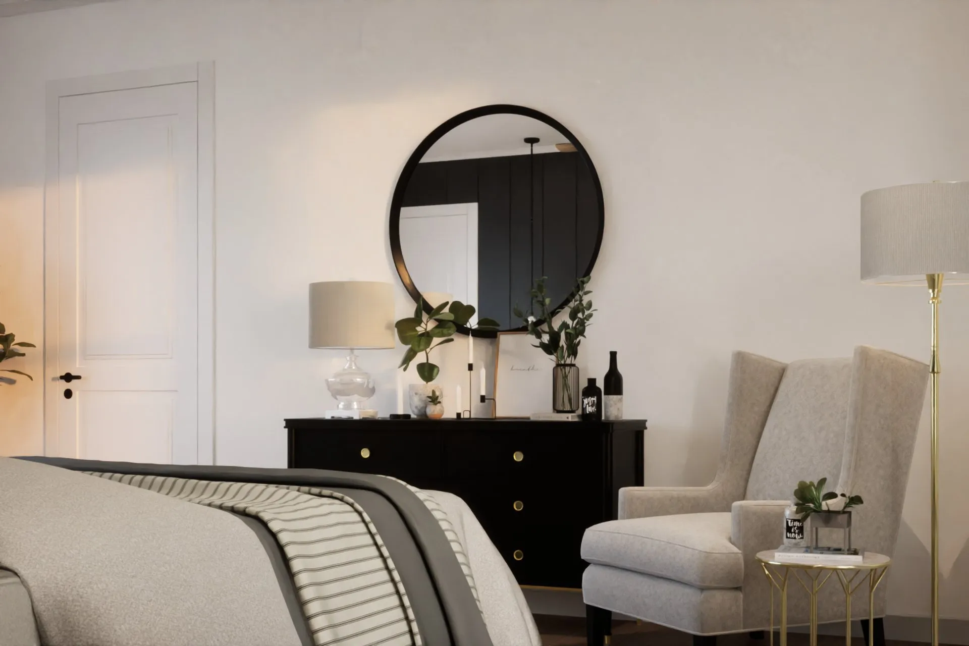 Transitional Master Bedroom Dark Panel — residential architectural visualization, view 3