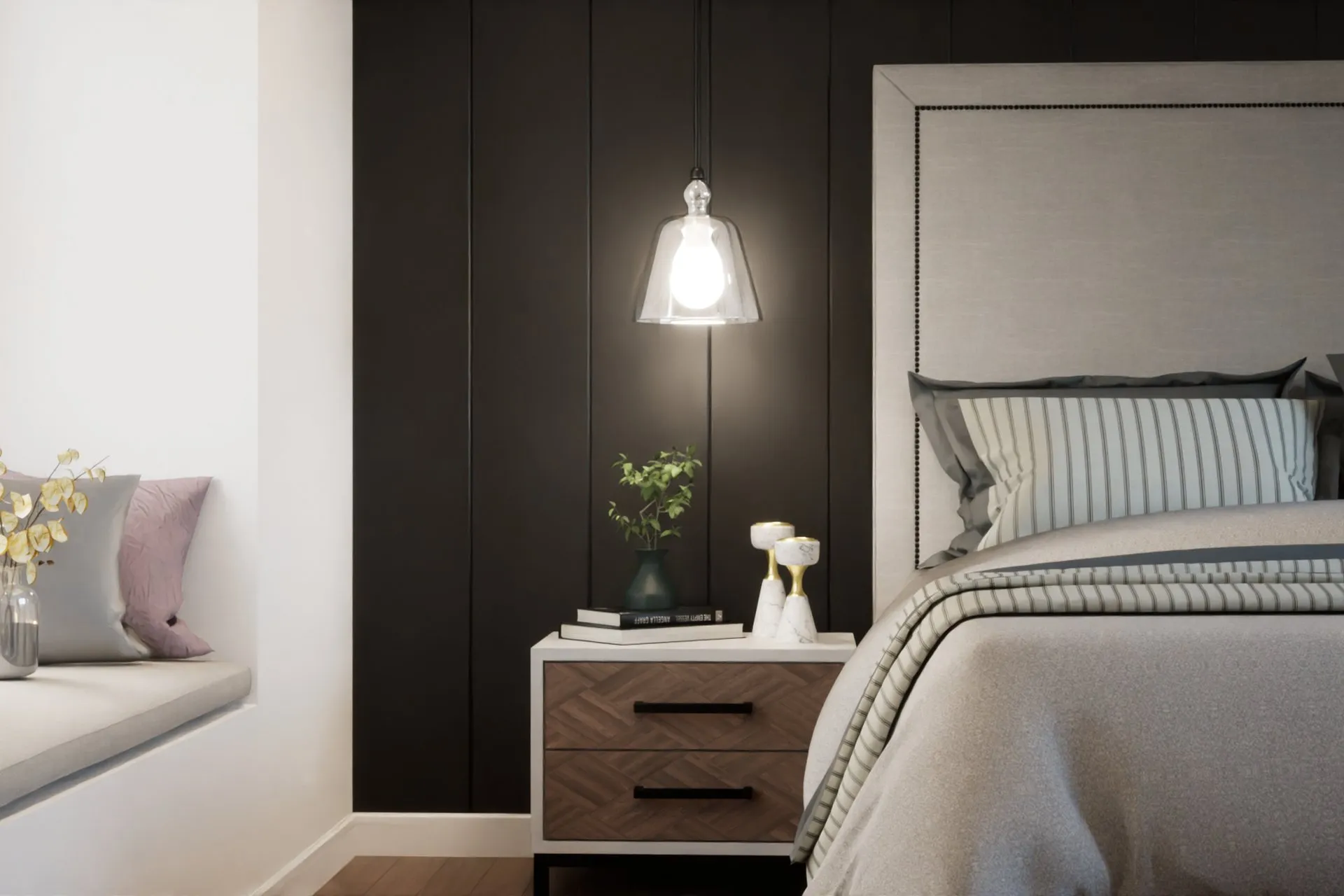 Transitional Master Bedroom Dark Panel — residential architectural visualization, view 4