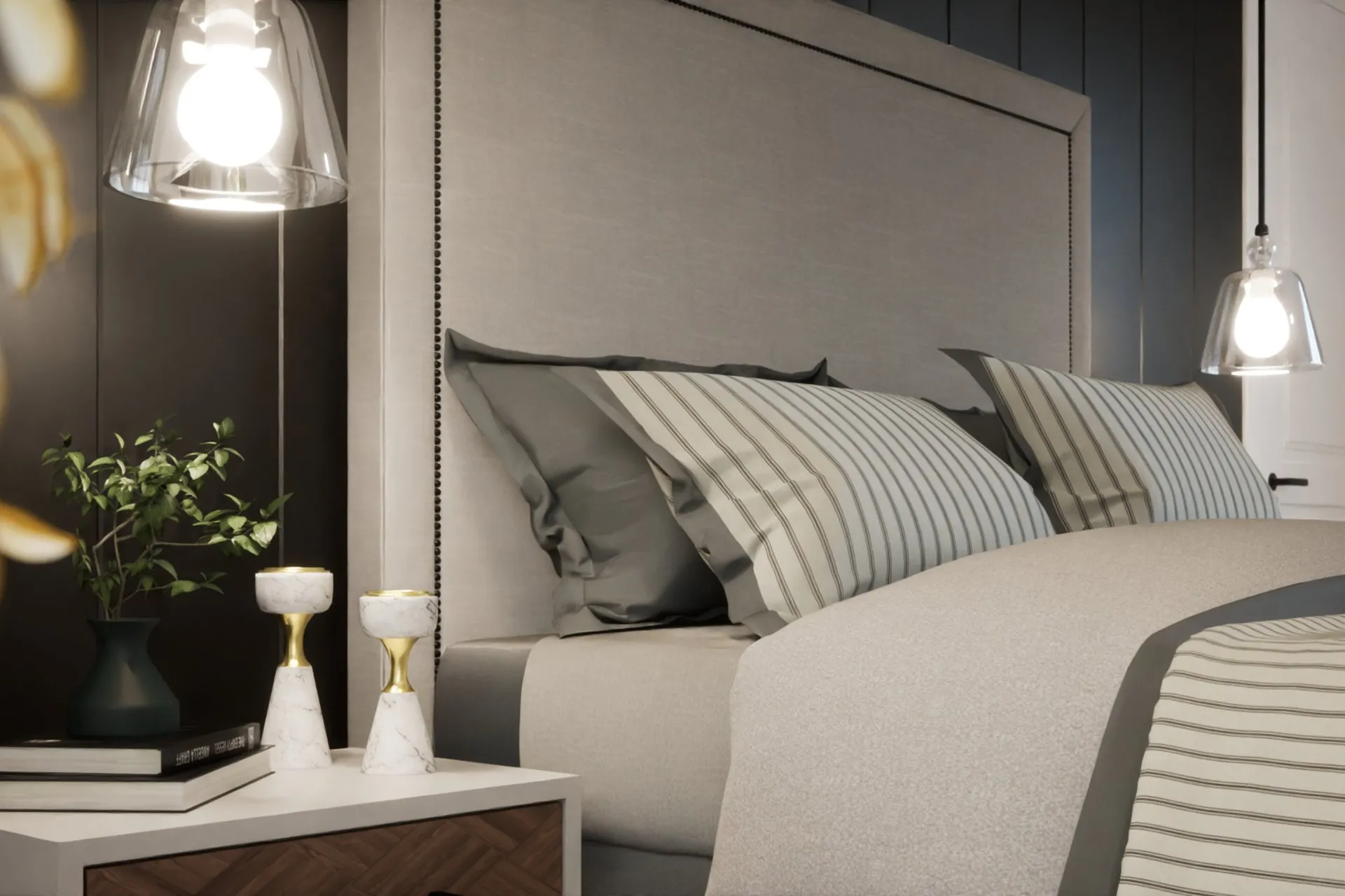 Transitional Master Bedroom Dark Panel — residential architectural visualization, view 5