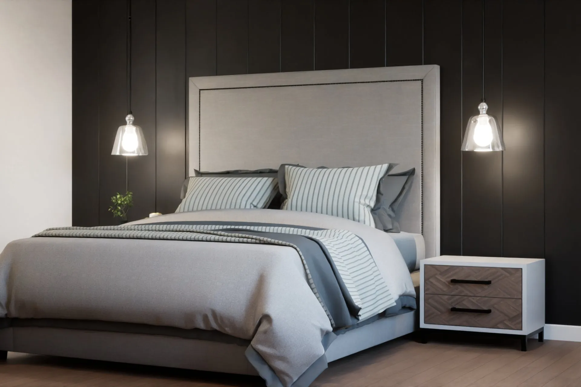 Transitional Master Bedroom Dark Panel — residential architectural visualization, view 6