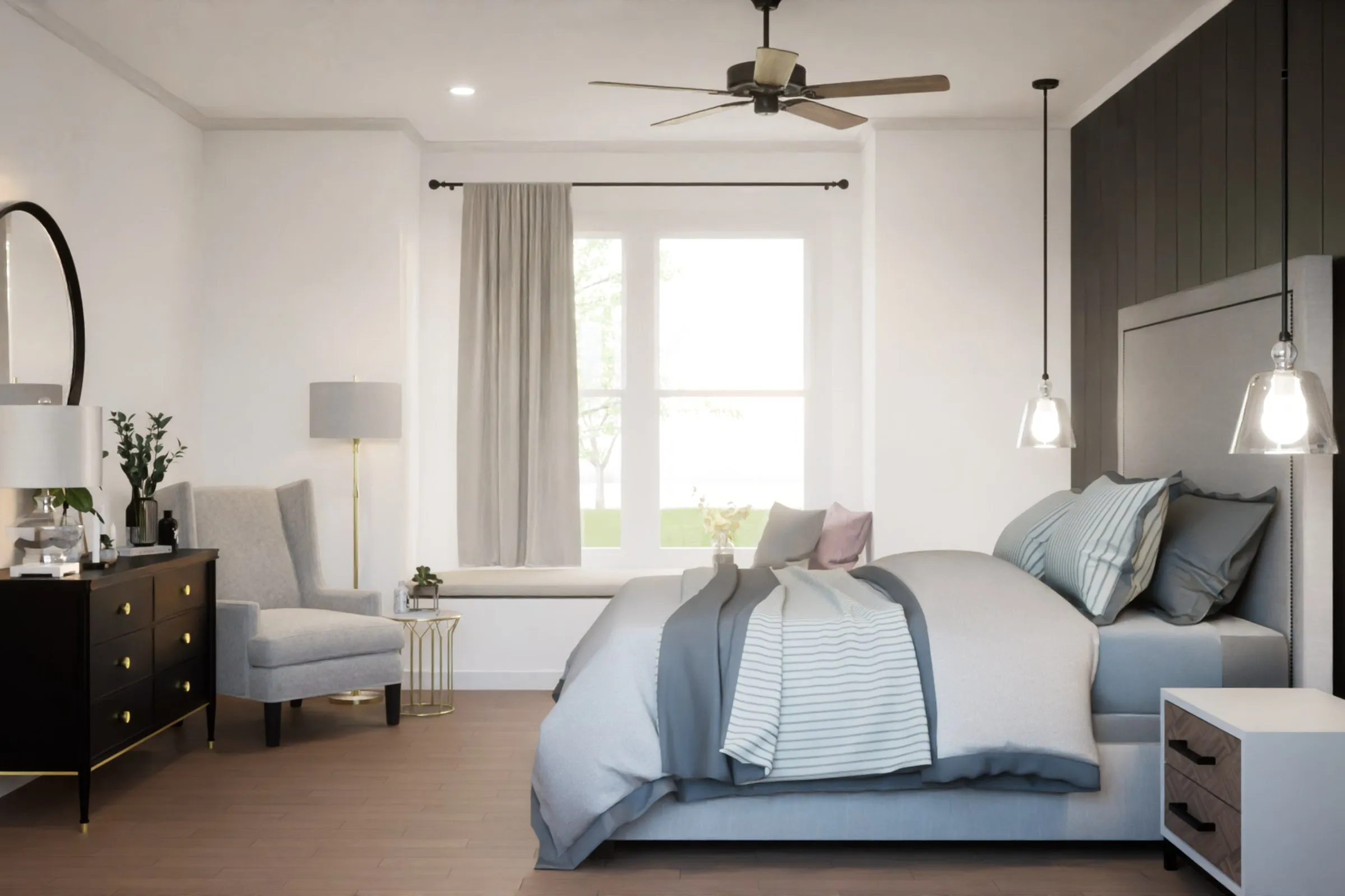 Transitional Master Bedroom Dark Panel — residential 3D rendering by Praxis Studio