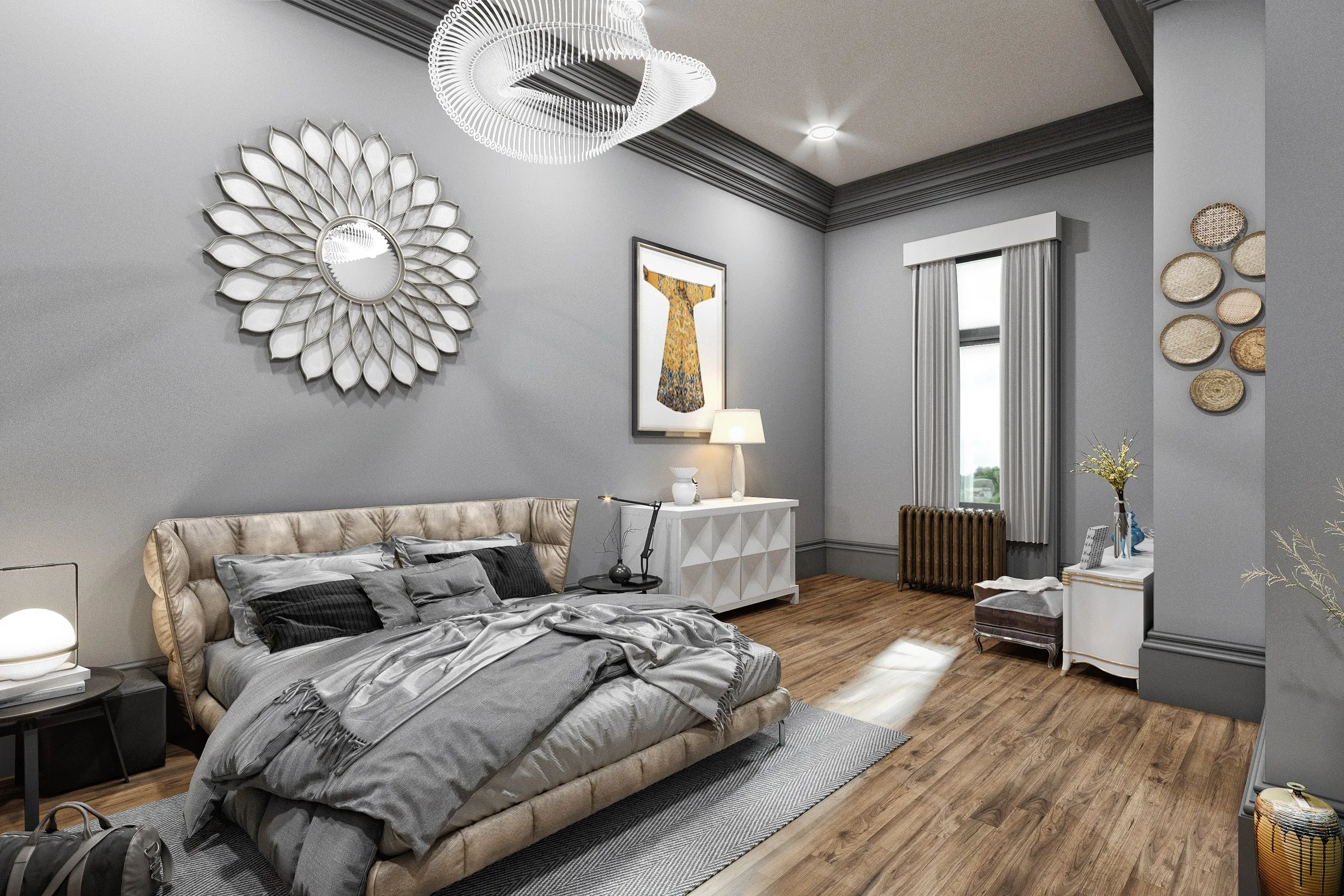 Transitional Master Bedroom Sunburst Mirror — residential 3D rendering by Praxis Studio